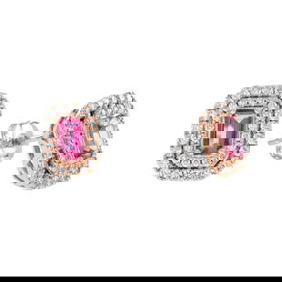 14K Two Tone Gold Pink Sapphire and Diamond Double Halo Stud Earrings: InformationStyle: Art DecoMaterial: 14K Bi-Color Gold (White-Rose) Width: 9 mm.Length: 11 mm.Weight: 3.80 g. (approx. in total)Backing: Push BackCenter GemstonesType: Pink SapphireShape: Eme