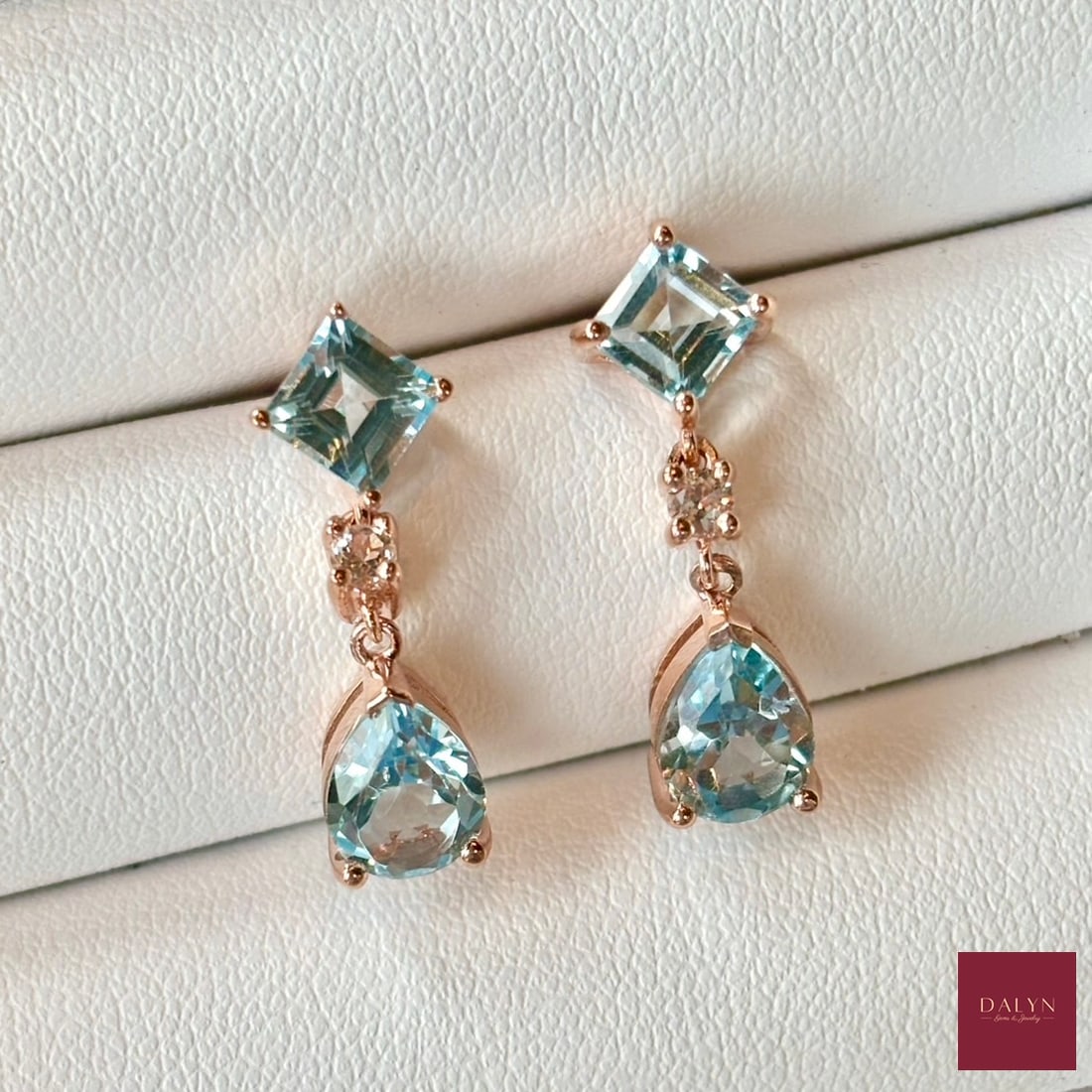18K Rose Gold Plate Sterling Silver Natural Sky Blue and White Topaz Drop Earrings (1 of 5)