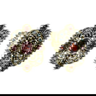 9K Yellow Gold Natural Garnet and Pearl Vintage Style Floral Stud Earrings: CHARACTERISTICSMetal: Solid 9K Yellow Gold Earrings Size: 13 x 17 mm.Total Gemstones Weight: 1.75 carat (approx.)Total Gram Weight: 4.04 g. (approx.)*Pictures have been enlarged to show details*PRIMAR