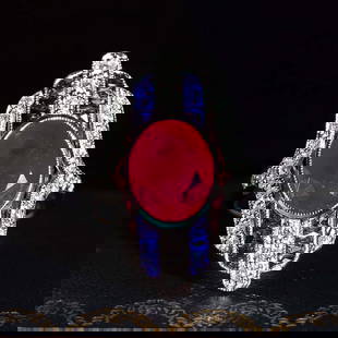 18K White Gold 4.97 Ct. Certified Ruby Sapphire and Diamond Art Deco Style Dinner Ring: Ring InformationStyle: Art-decoMetal: 18K White GoldTotal weight: 6.77 g. (approx. total weight)Size: US7Center Gemstones Type: RubyLab Certificate: GFCOShape: OvalSize: 12.21 x 10.03 x 4.87
