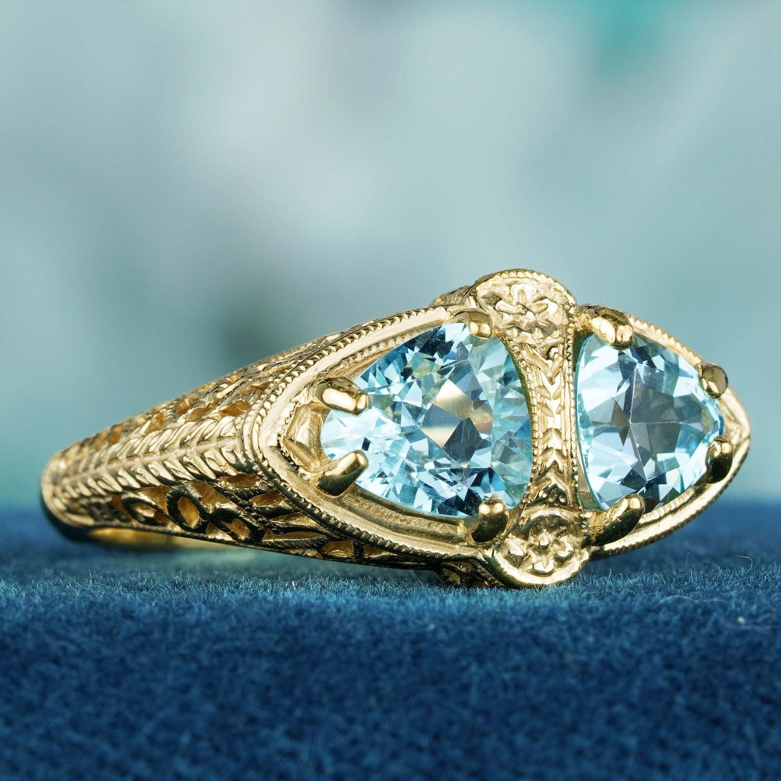 9K Gold Natural Blue Topaz Vintage Style Filigree Double Stone Ring (1 of 7)