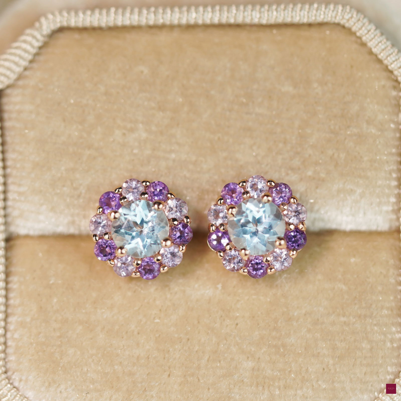 18K Rose Gold Plate Sterling Silver Natural Blue Topaz Amethyst Floral Stud Earrings (1 of 6)