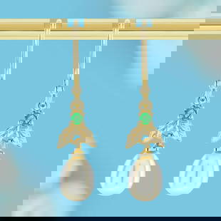 9K Yellow Gold Natural Emerald and Pearl Floral Earrings: CHARACTERISTICSMetal: Solid 9K Yellow Gold Earrings Size: 6 x 26 mm.Total Gemstones Weight: 3.38 carat (approx.)Total Gram Weight: 0.50 g. (approx.)*Pictures have been enlarged to show details*PRIMARY