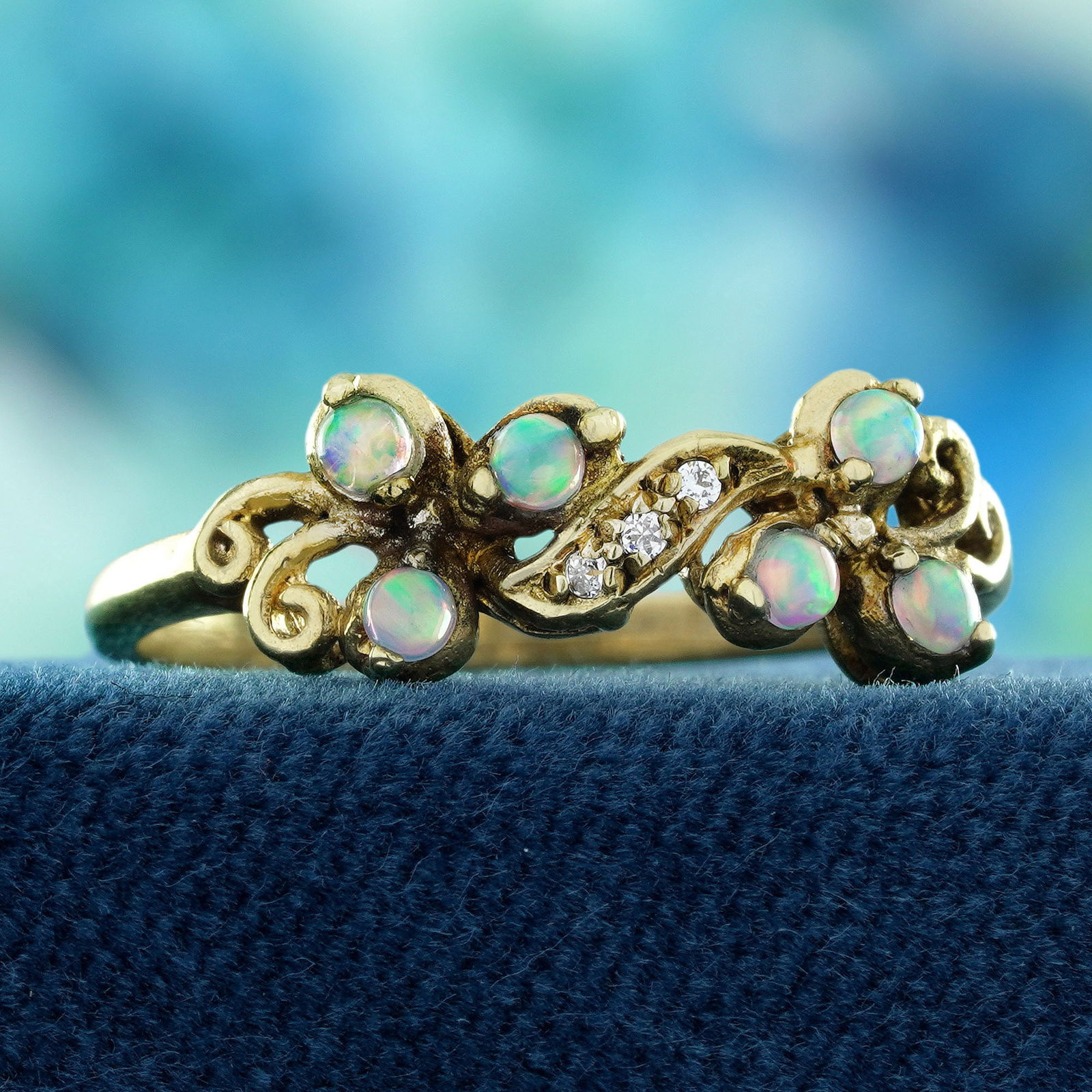 9K Yellow Gold Natural Opal and Diamond Vintage Style Ring (1 of 7)