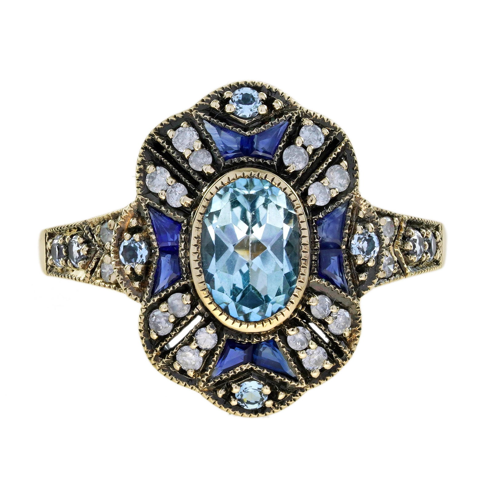 9K Yellow Gold Blue Topaz Sapphire and Diamond Art Deco Style Halo Ring (1 of 7)