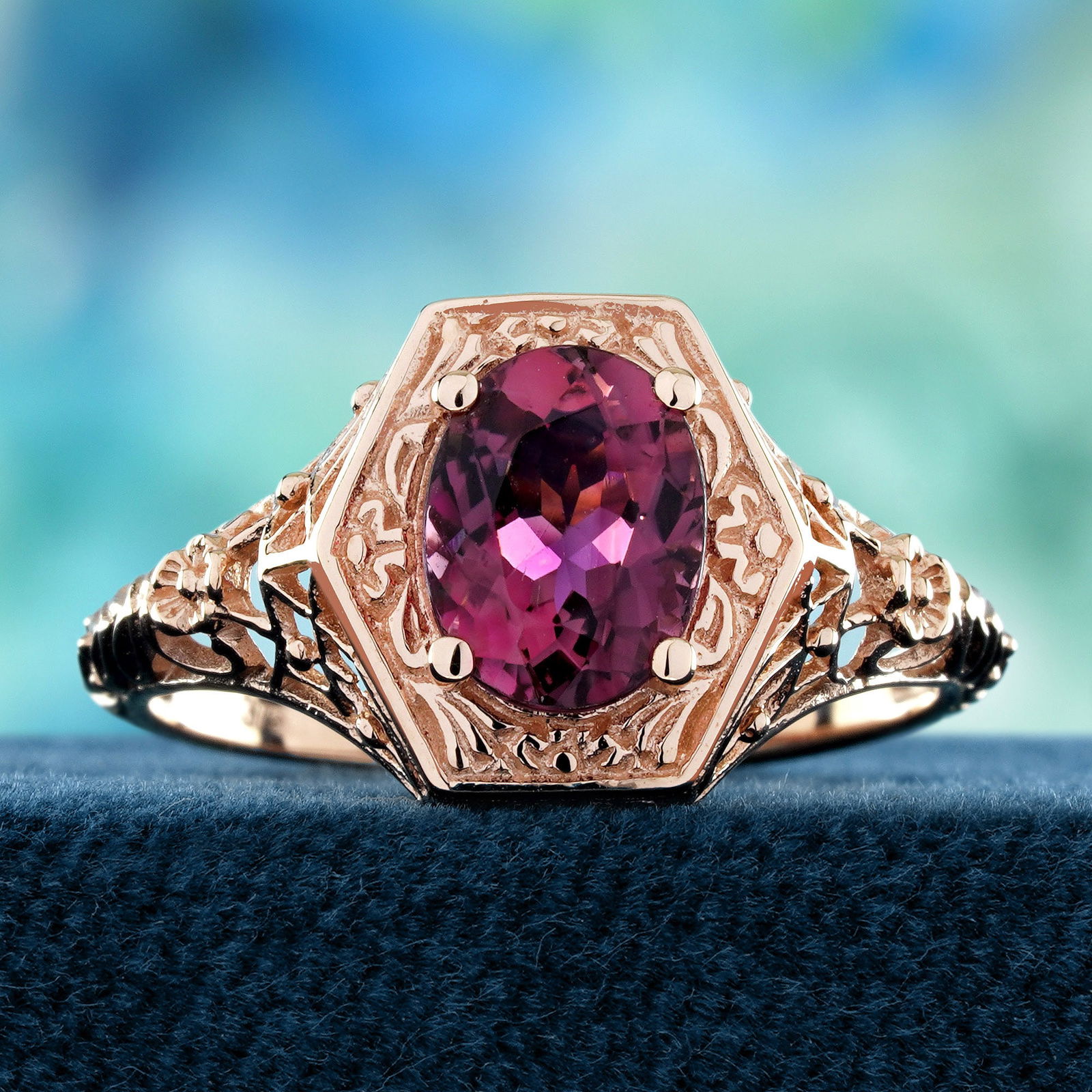 9K Rose Gold Natural Pink Tourmaline Vintage Style Filigree Ring (1 of 7)