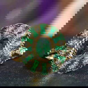 18K Yellow Gold Oval Emerald and Diamond Art Deco Style Floral Engagement Ring: Ring InformationStyle: Art-decoMetal: 18K Yellow GoldTotal weight: 5.80 g. (approx. total weight)Size: US7Center Gemstones Type: EmeraldShape: OvalSize: 6 x 4 mm.Number: 1Weight: 0.45
