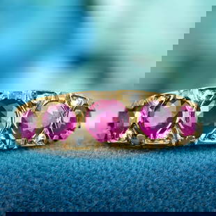 9K Gold Natural Ruby and Diamond Vintage Style Five Stone Band Ring: CHARACTERISTICSMetal: Solid 9K Yellow GoldRing Size: US 7Total Gemstones Weight: 2.54 g. (approx.)Total Gram Weight: 4 g. (approx.)*Pictures have been enlarged to show details*PRIMARY STONE(S)Stone: N