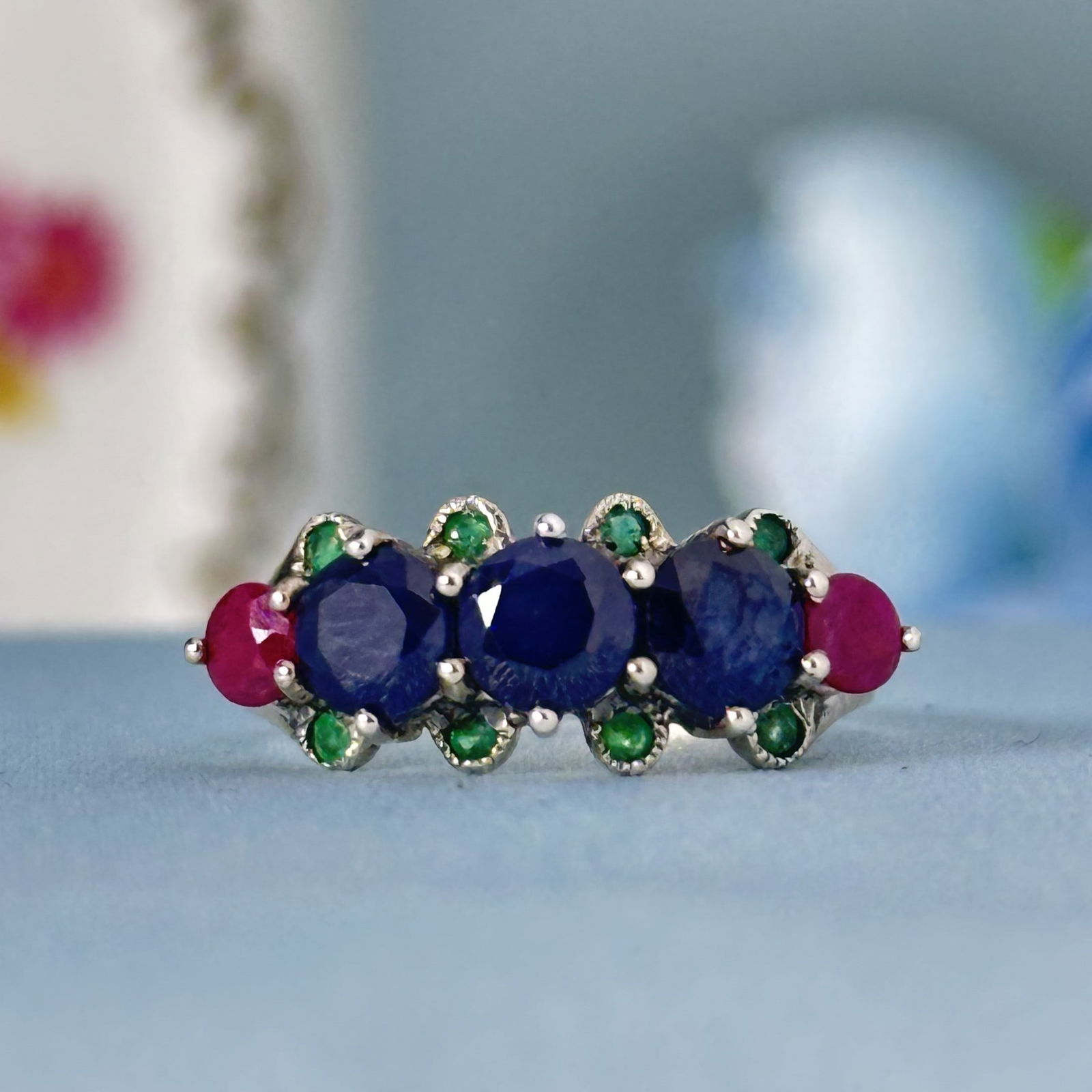 Silver 925 Natural Sapphire Ruby and Emerald Vintage Style Floral  Solitaire Ring (1 of 3)