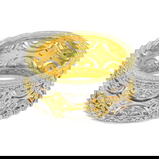 14K Two Tone Gold Diamond Floral Wide Wedding Band Stackable Ring: Ring InformationStyle: Art-decoMetal: 14K Yellow GoldMetal: Yellow Gold (white top diamond part)Total weight: 12.20 g. (approx. total weight)Ring size: US 7GemstonesType: DiamondShape: Round