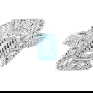 18k White Gold Aquamarine and Diamond Halo Art Deco Style Engagement Ring: Ring InformationStyle: Art-decoMetal: 18K White GoldTotal weight: 9.60 g. (approx. total weight)Size : US7Center GemstoneType: AquamarineShape: Emerald CutSize: 8 x 6 mm.Number: 1Weigh
