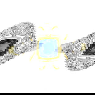 14K Two Tone Gold Blue Sapphire and Diamond Art Deco Style Engagement Ring: Ring InformationStyle: Art-decoMetal: 14K White Gold (White top diamond part)Weight: 3.40 g. (approx. total weight)Ring size: US Center Gemstones Type: Ceylon SapphireShape: CushionSize: 4.8 x 4.7