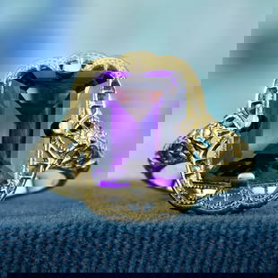 9K Yellow Gold Natural Emerald Cut Amethyst Vintage Style Filigree Ring: CHARACTERISTICSMetal: Solid 9K Yellow GoldRing Size: US7Total Gemstones Weight: 3.50 carat. (approx.)Total Gram Weight: 4.00 g. (approx.)*Pictures have been enlarged to show details*PRIMARY STONE(S)St