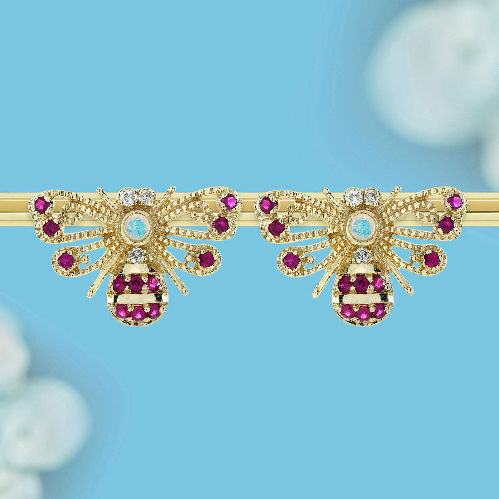 9K Yellow Gold Natural Opal Ruby and Diamond Vintage Style Bee Stud Earrings (1 of 6)