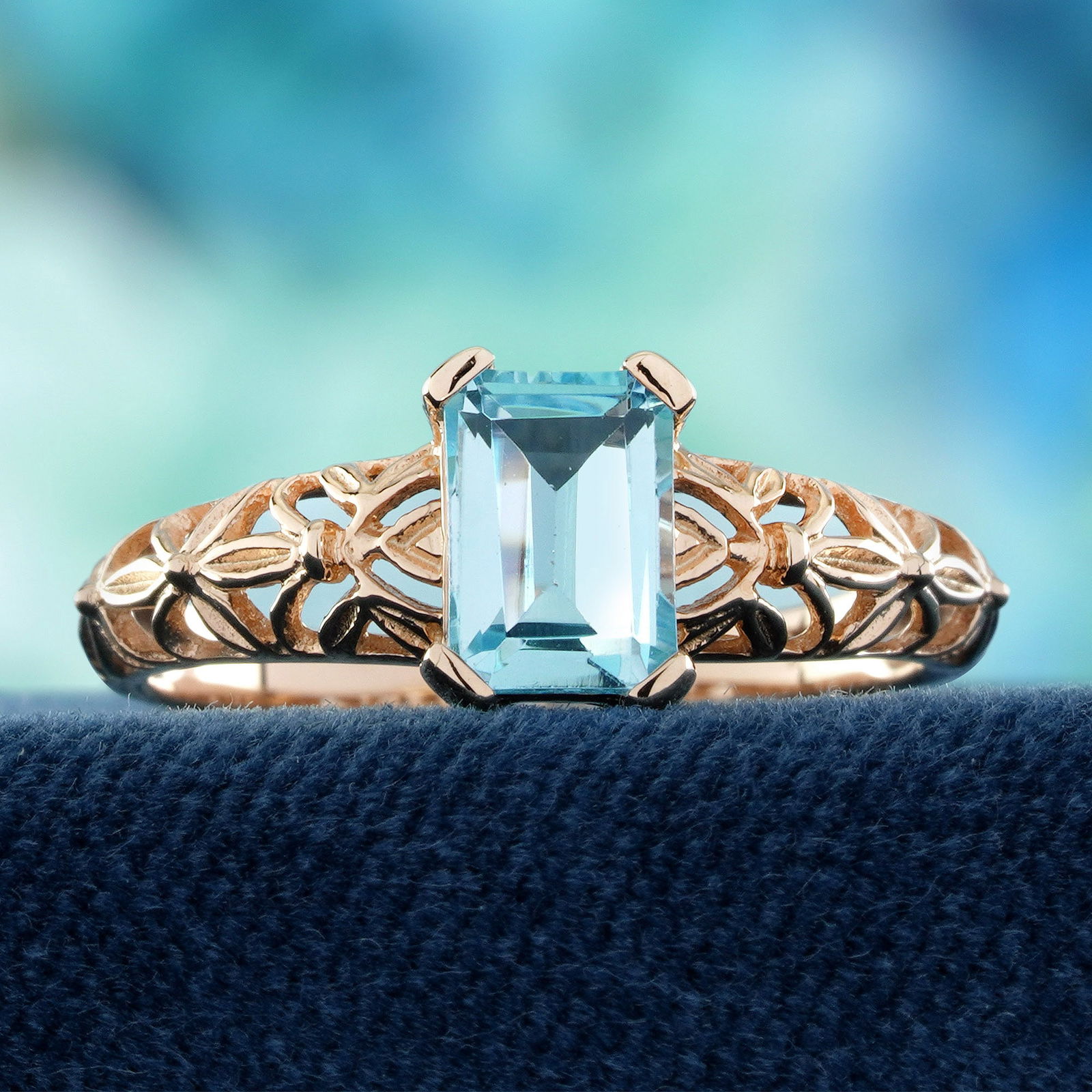 9K Rose Gold Blue Topaz Vintage Style Filigree Solitaire Ring (1 of 11)