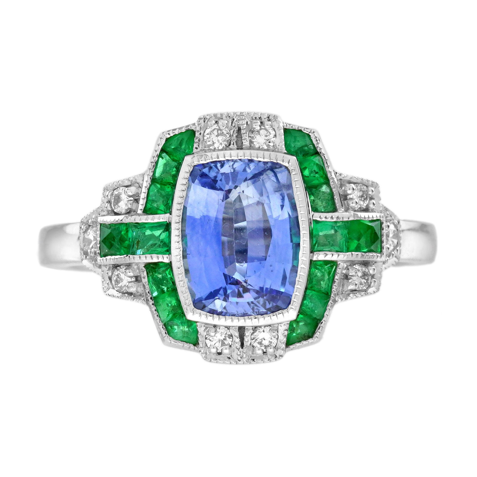 18K White Gold Ceylon Sapphire Emerald and Diamond Art Deco Style Engagement Ring (1 of 9)