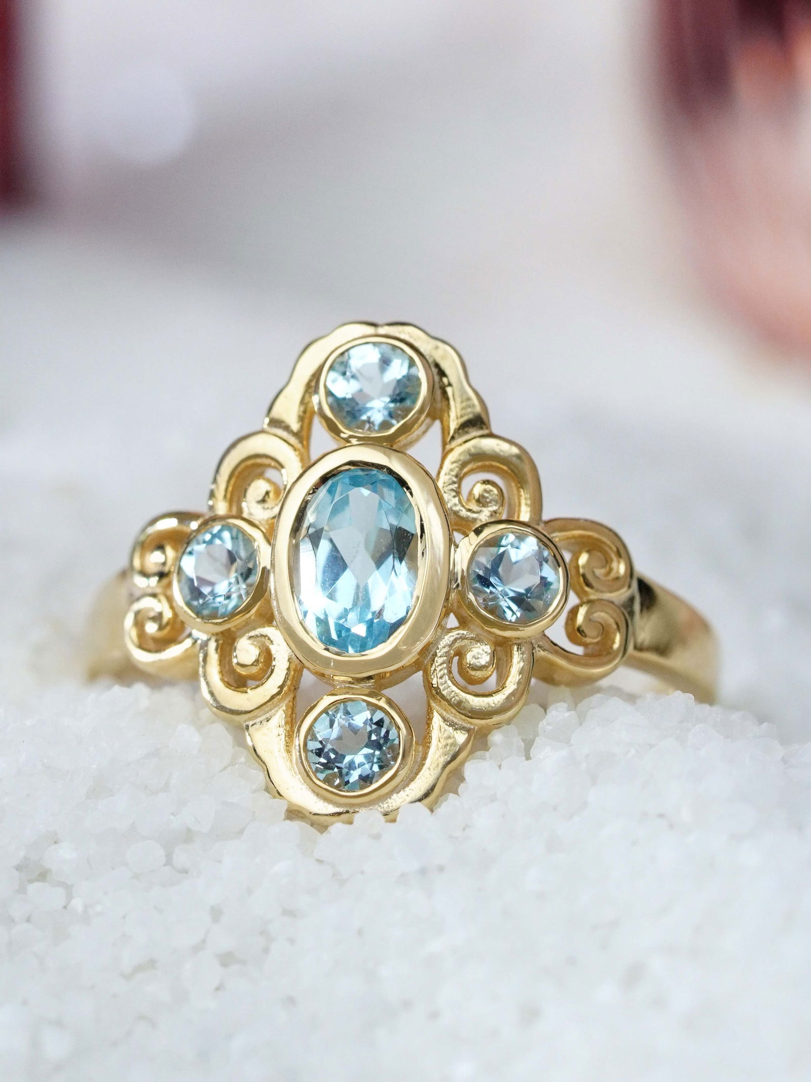 9K Yellow Gold Natural Blue Topaz Vintage Style Ring: CHARACTERISTICSOrigin: ThailandMetal: Solid 9K Yellow GoldRing Size: US 7Total Gemstones Weight: 1.25 carat. (approx.)Total Gram Weight: 2.15 g. (approx.)*Pictures have been enlarged to show details*P