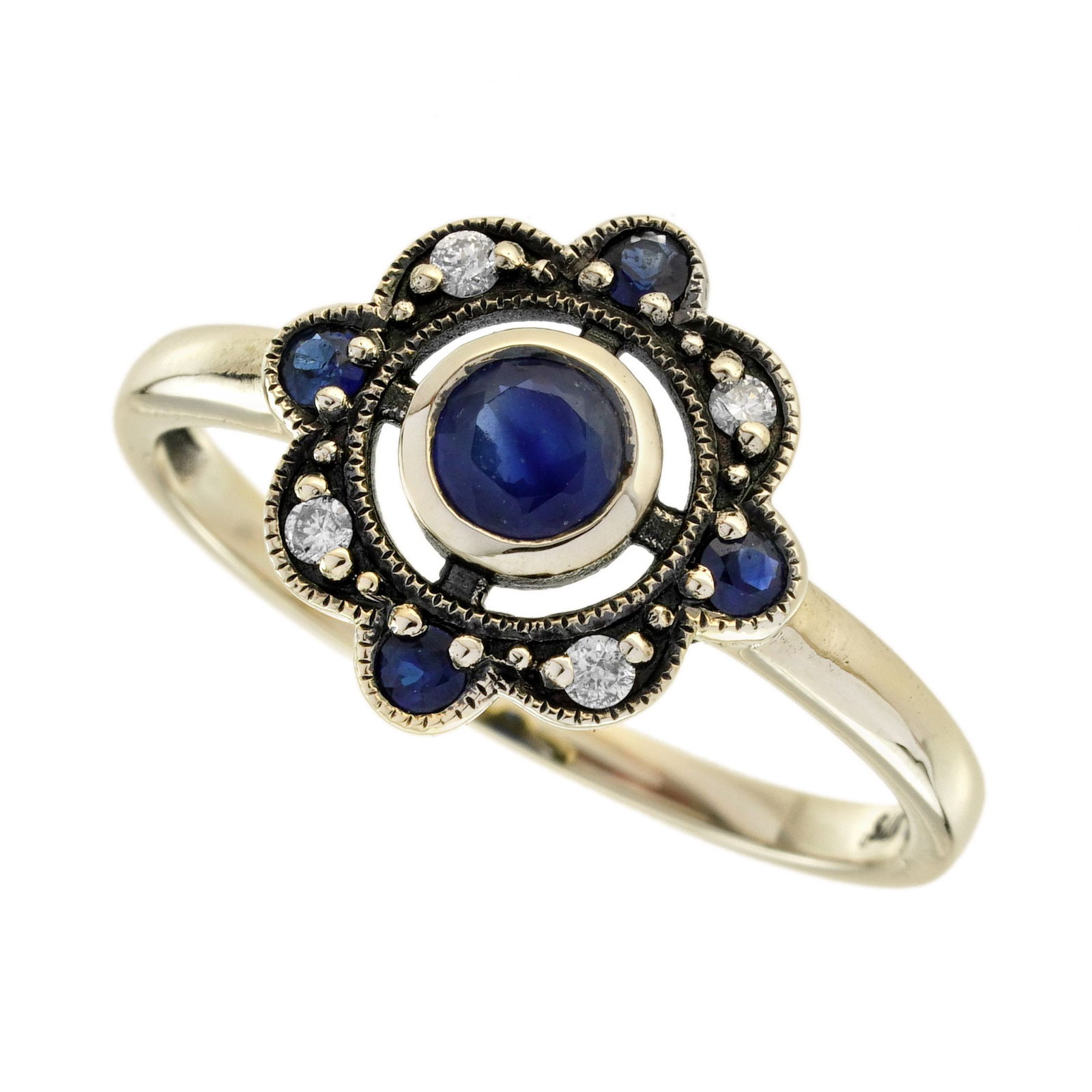 9K Yellow Gold Natural Sapphire and Diamond Vintage Style Floral Ring: CHARACTERISTICSOrigin: ThailandMetal: Solid 9K Yellow GoldRing Size: US 7Total Gemstones Weight: 0.59 carat. (approx.)Total Gram Weight: 1.52 g. (approx.)*Pictures have been enlarged to show details*P