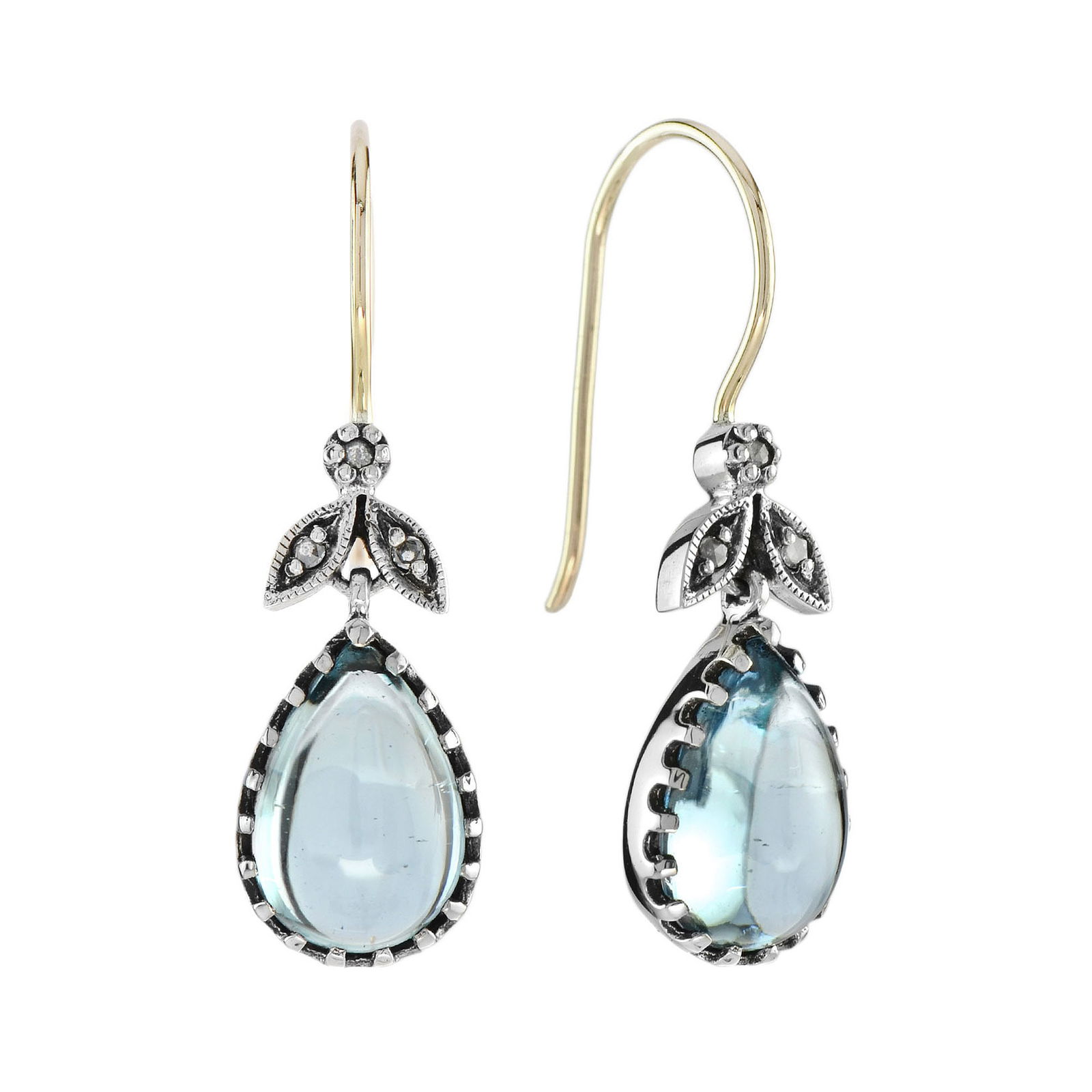 9K Yellow Gold Natural Cabochon Blue Topaz and Rose Cut Diamond Vintage Style Dangle Earrings: Earrings InformationStyle: VintageMetal: 9K Yellow GoldWidth: 9 mm.Length: 31 mm.Weight: 4.20 g. (approx. in total)Backing: French WireDrop Gemstones Type: Blue TopazShape: Pear Cabochon