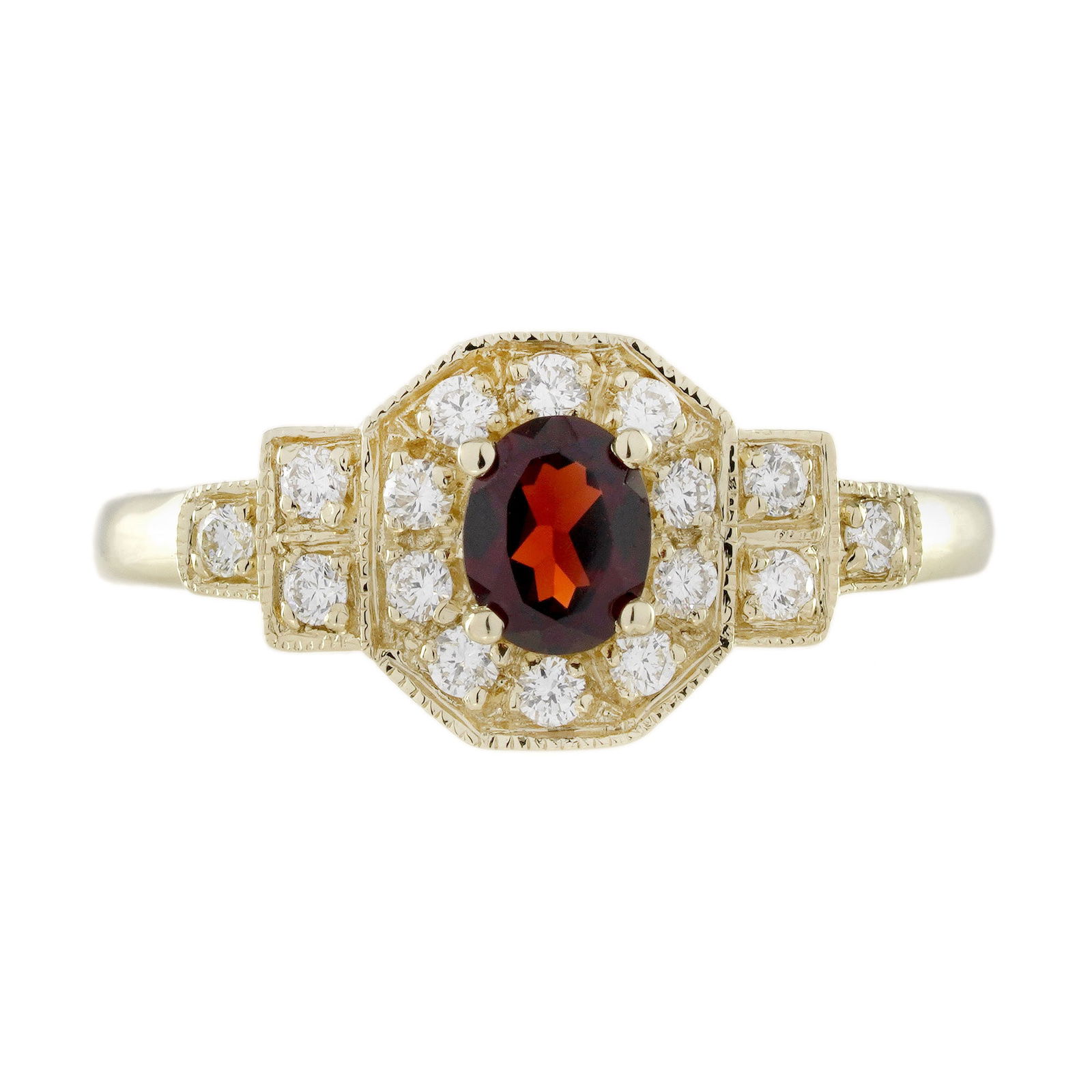 14K Yellow Gold Natural Garnet and Diamond Art Deco Style Engagement Ring: Ring InformationStyle: Art-decoMetal: 14K Yellow GoldTotal weight: 2.36 g. (approx. total weight)Size: US 7Center Gemstones Type: GarnetShape: OvalSize: 5 x 4 mm.Number: 1Weight: 0.30