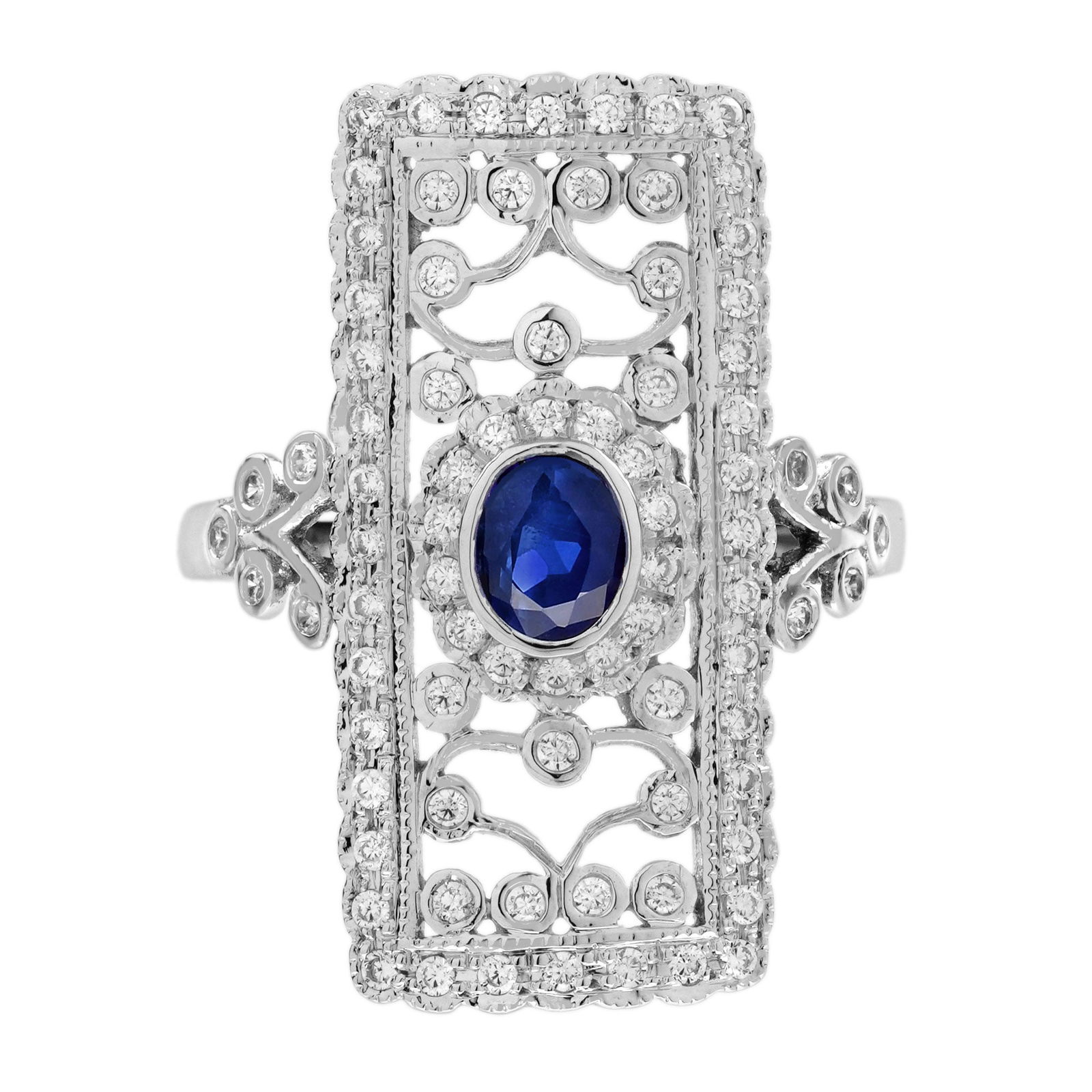 14K White Gold Natural Sapphire and Diamond Edwardian Style Floral Motif Dinner Ring (1 of 8)