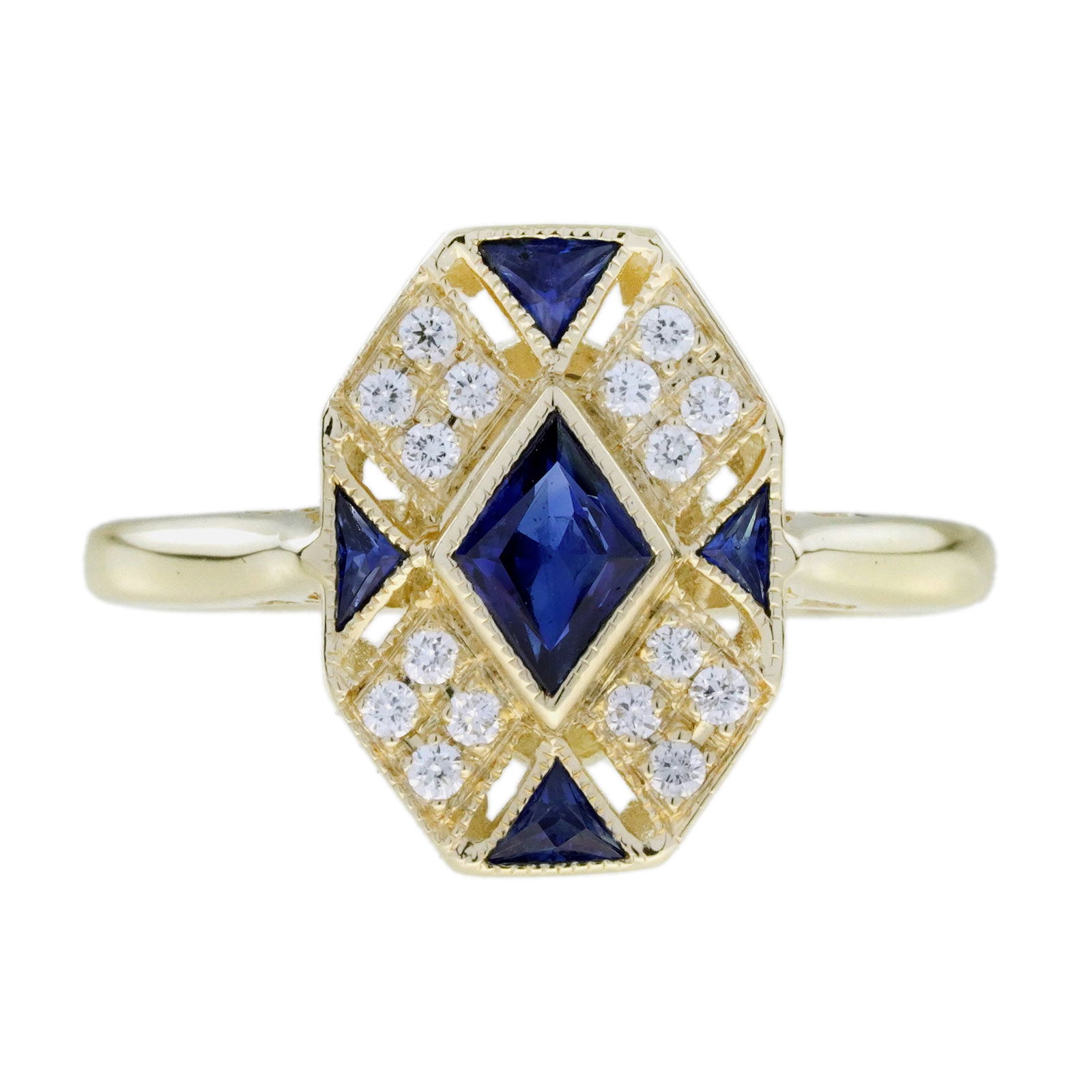 14K Yellow Gold Natural Blue Sapphire and Diamond Art Deco Style Cluster Ring (1 of 11)