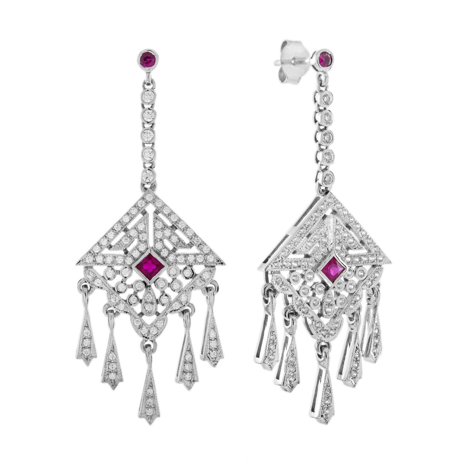 9K White Gold Natural Ruby and Diamond Art Deco Style Dangle Earrings (1 of 8)