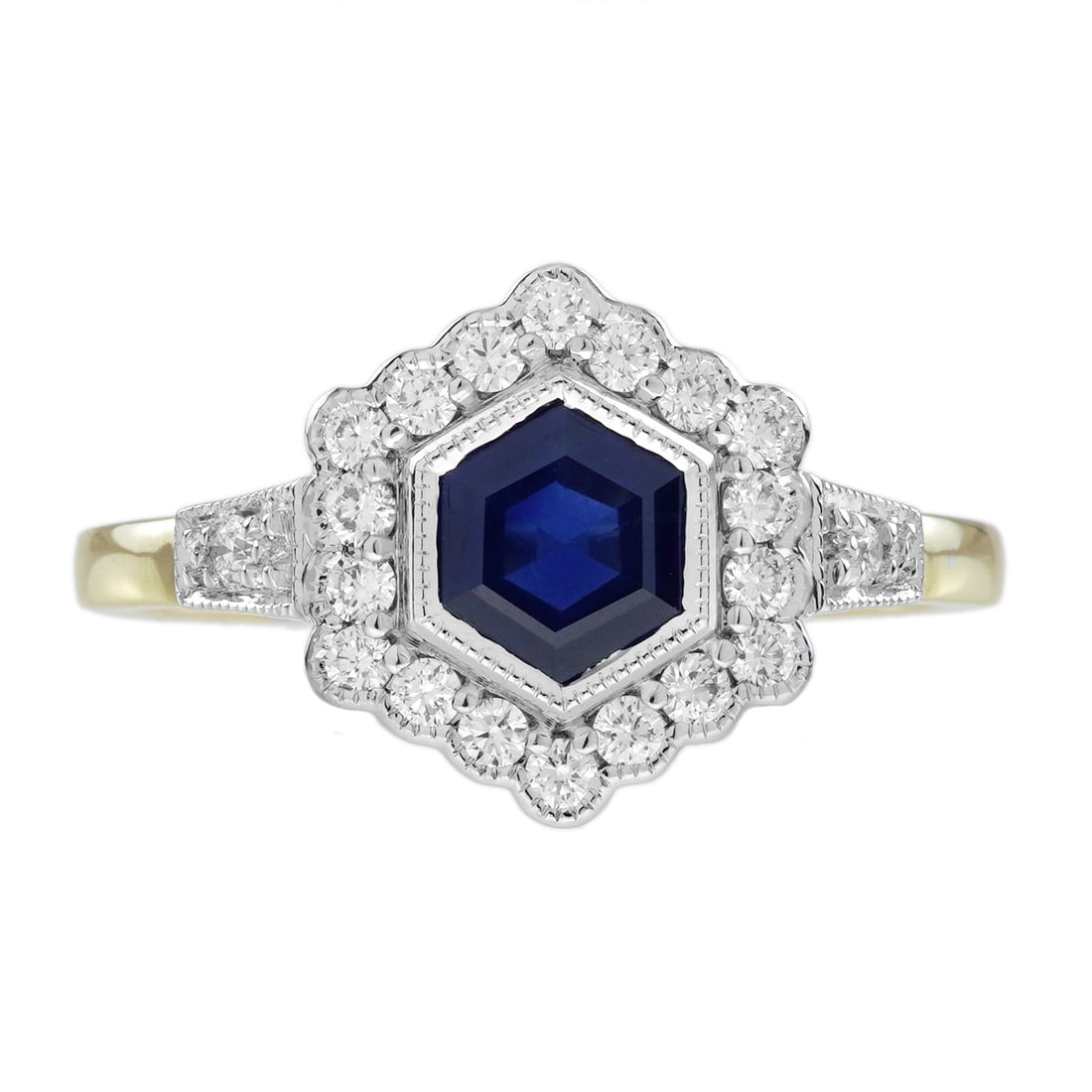 14K Yellow Gold Natural Sapphire and Diamond Art Deco Style Hexagon Shape Engagement Ring: Ring InformationStyle: Art-decoMetal: 14K Yellow GoldTotal weight: 3.16 g. (approx. total weight)Size: US 7Center Gemstones Type: Blue SapphireShape: HexagonNumber: 1Weight: 1.20 Carat (appr
