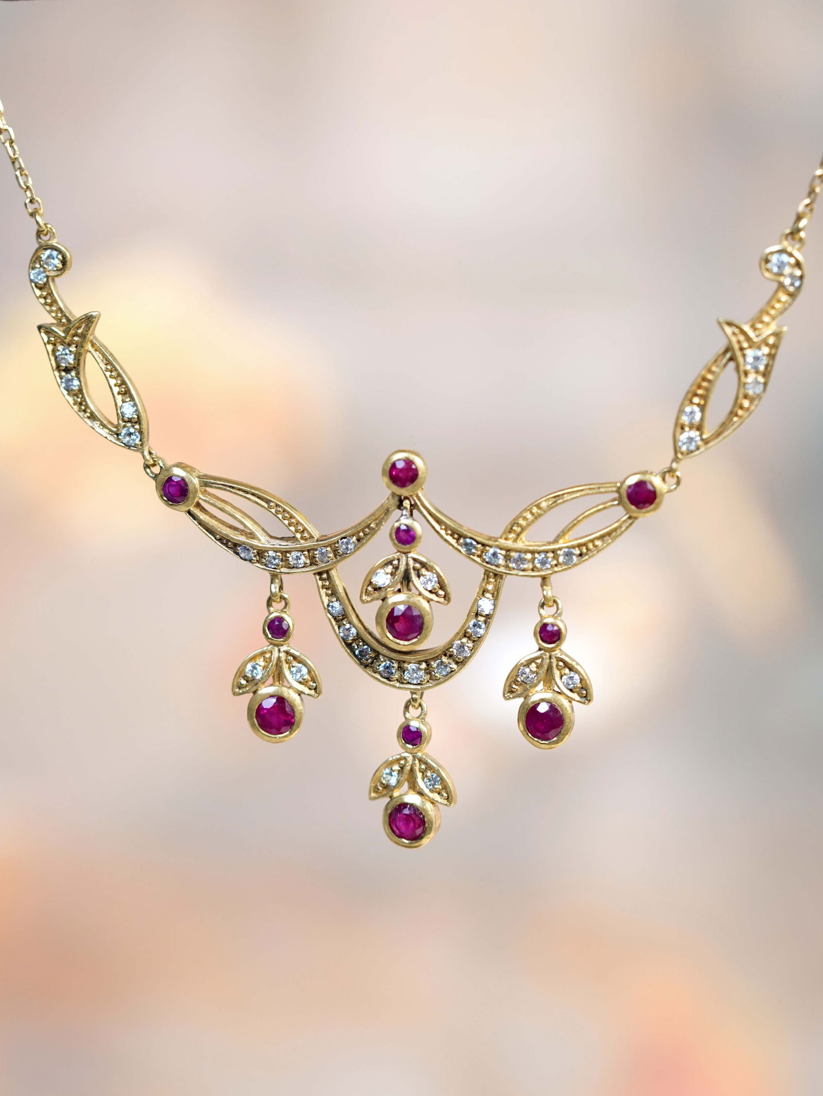 14K Yellow Gold Natural Ruby and Diamond Victorian Style Floral Necklace (1 of 13)