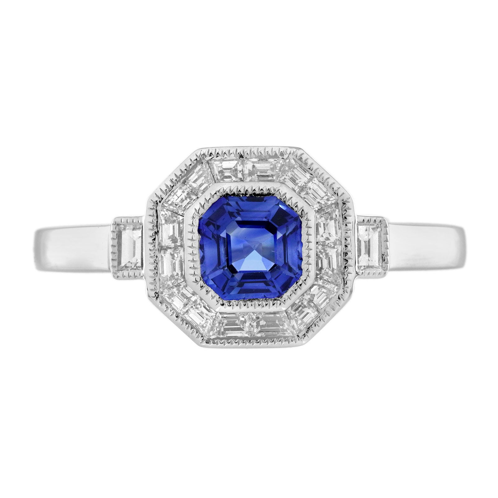 14K White Gold Natural Sapphire and Diamond Art Deco Style Engagement Ring: Ring InformationStyle: Art-decoMetal: 14K White GoldTotal weight: 3.35 g. (approx. total weight)Size: US 7Center Gemstones Type: Blue SapphireShape: Asscher CutSize: 5 x 5 mm.Number: 1