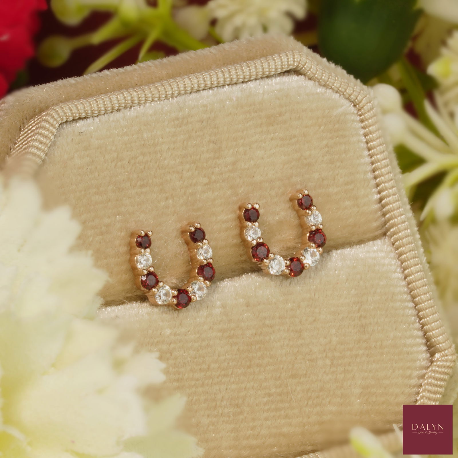 18K Rose Gold Plate Sterling Silver Natural Garnet and White Zircon Horseshoe Stud Earrings: 18K Rose Gold Plate Sterling Silver Natural Garnet and White Zircon Horseshoe Stud Earrings Stone: Natural Garnet and White Zircon Metal: Gold plated silver 925 Approx. Weight: 1.24 g. Approx. Gemston