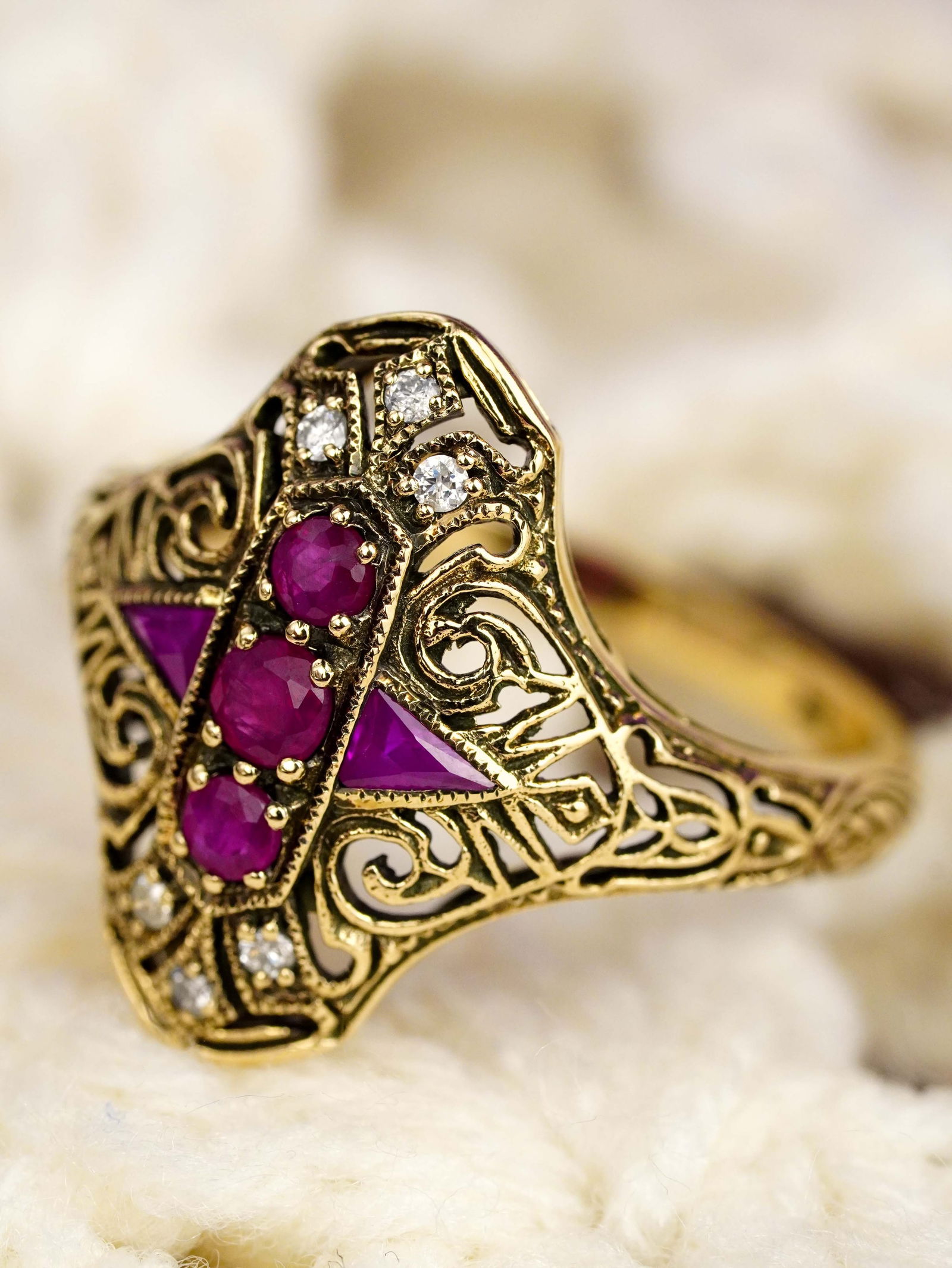 9K Yellow Gold Natural Ruby and Diamond Vintage Style Filigree Three stone Ring (1 of 13)