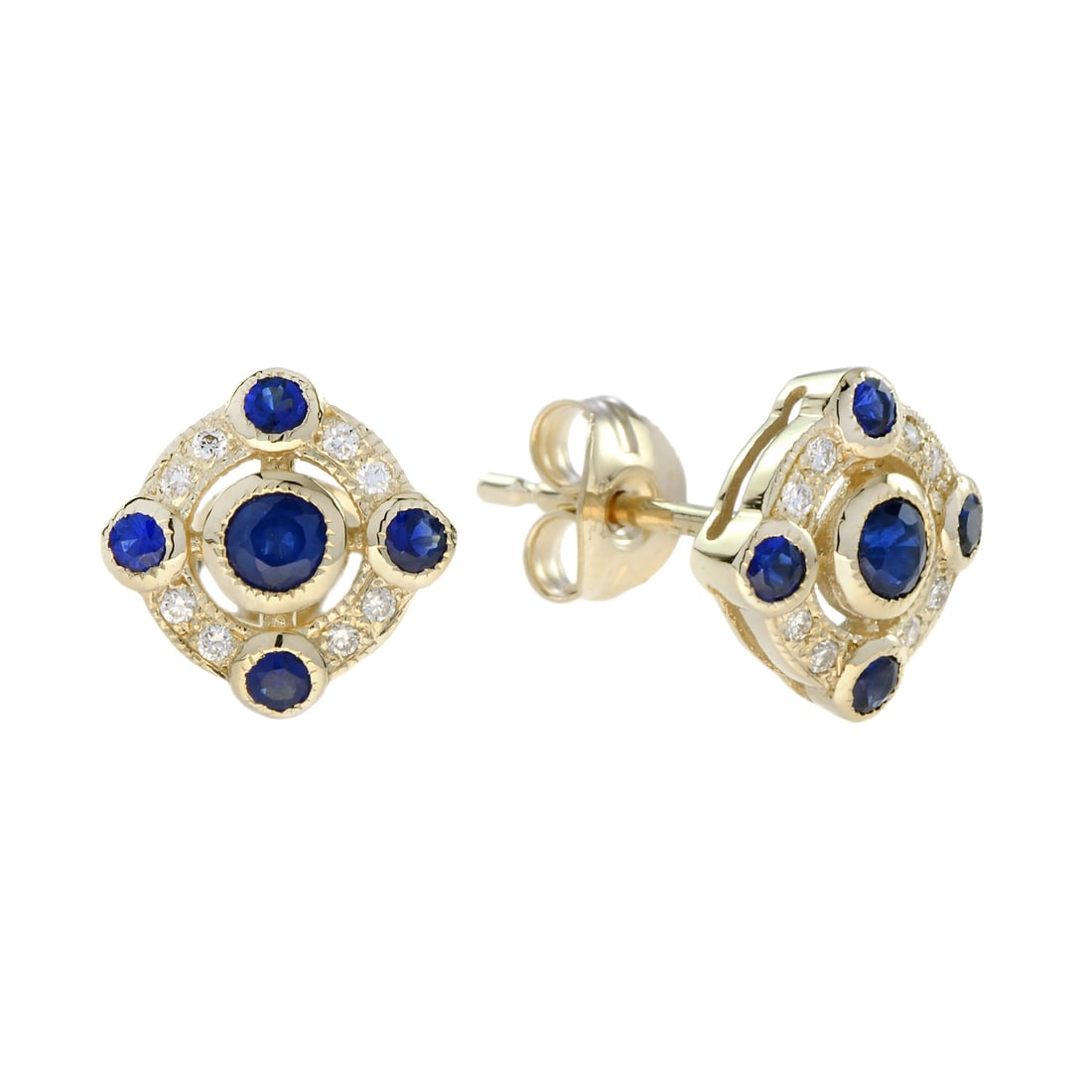 9K Yellow Gold Natural Sapphire and Diamond Art Deco Style Stud Earrings: Earrings InformationStyle: Art DecoMetal: 9K Yellow GoldWidth: 9 mm.Length: 9 mm.Weight: 1.62 g. (approx. in total)Backing: Push BackCenter GemstonesType: Blue SapphireShape: RoundSize