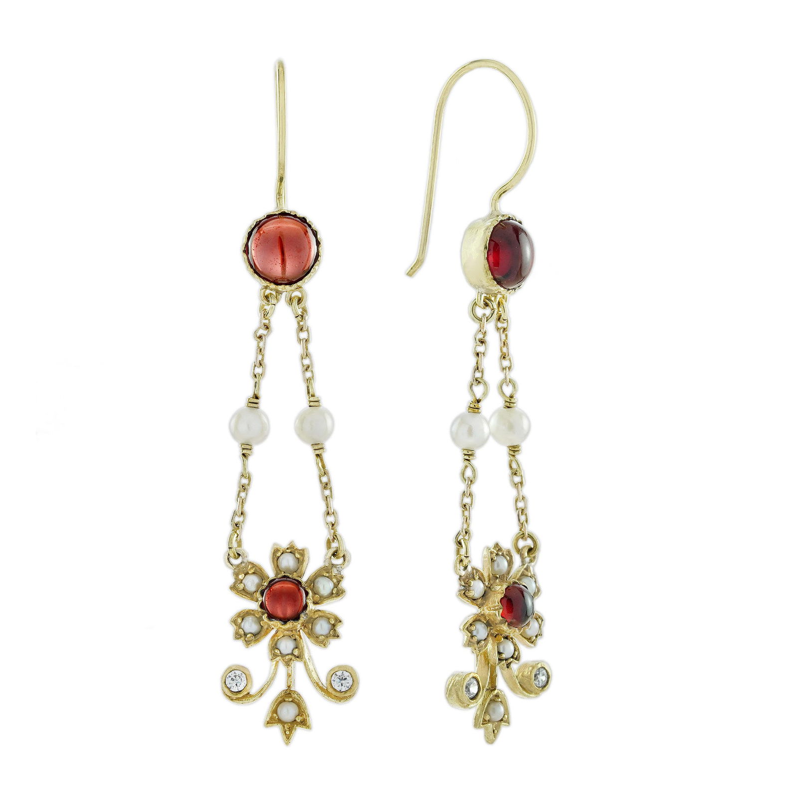 9K Gold Natural Cabochon Garnet Pearl and Diamond Vintage Style Drop Earrings: CHARACTERISTICSOrigin: ThailandMetal: Solid 9K Yellow Gold Earrings Size:11 x 57 mm.Total Gemstones Weight: 3.29 carat (approx.)Total Gram Weight: 4.15 g. (approx.)*Pictures have been enlarged to show