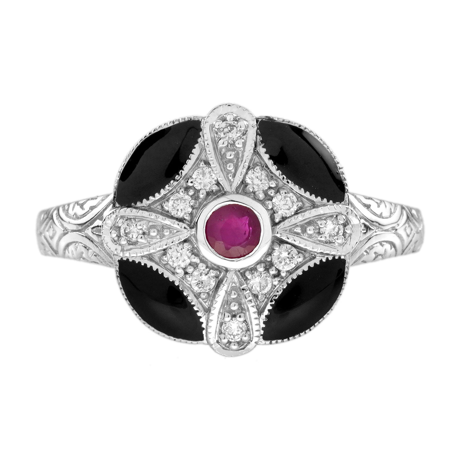 9K White Gold Natural Ruby Diamond and Enamel Art Deco Style Ring (1 of 11)