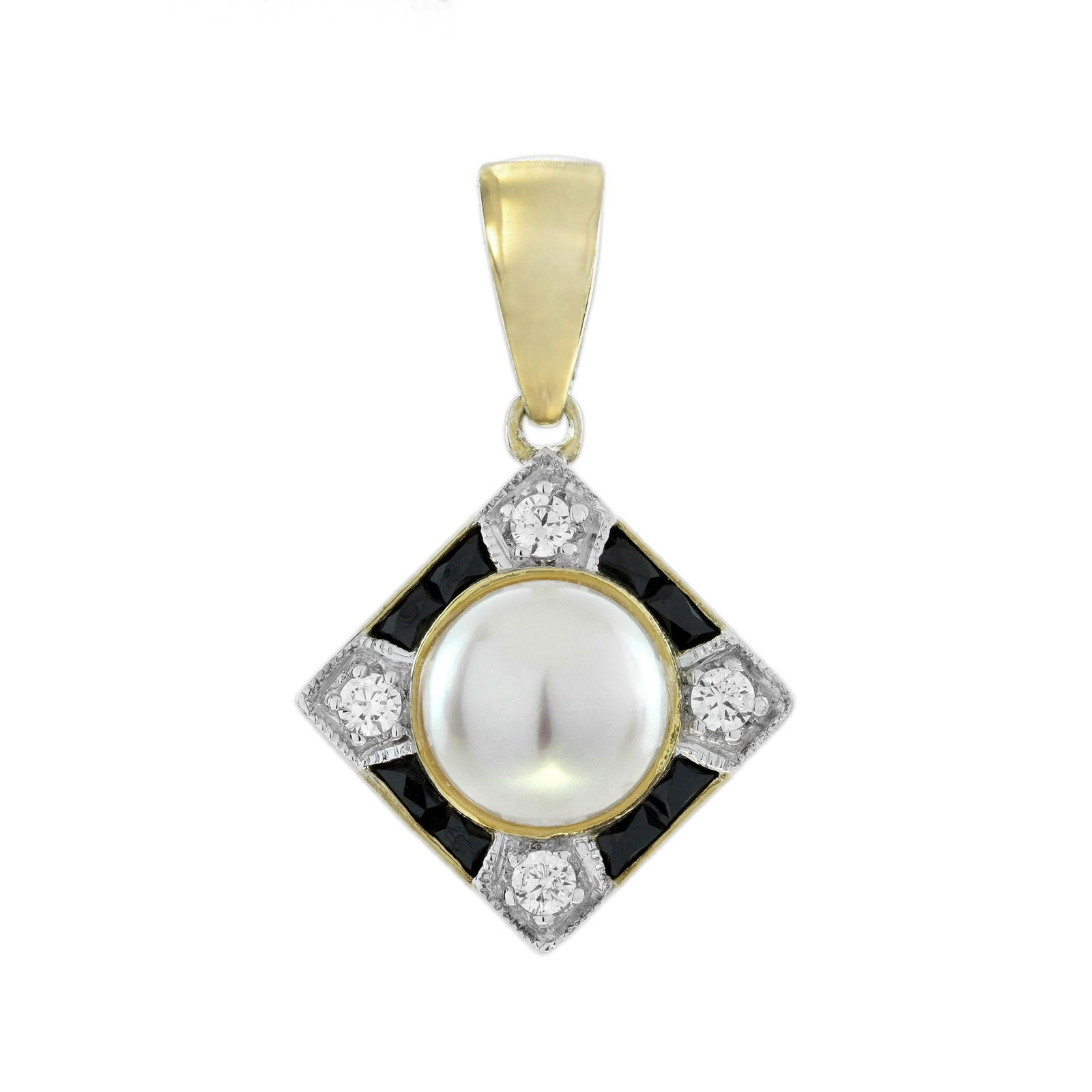 14K Yellow Gold Natural Pearl Onyx and Diamond Art Deco Style Square Pendant (1 of 6)