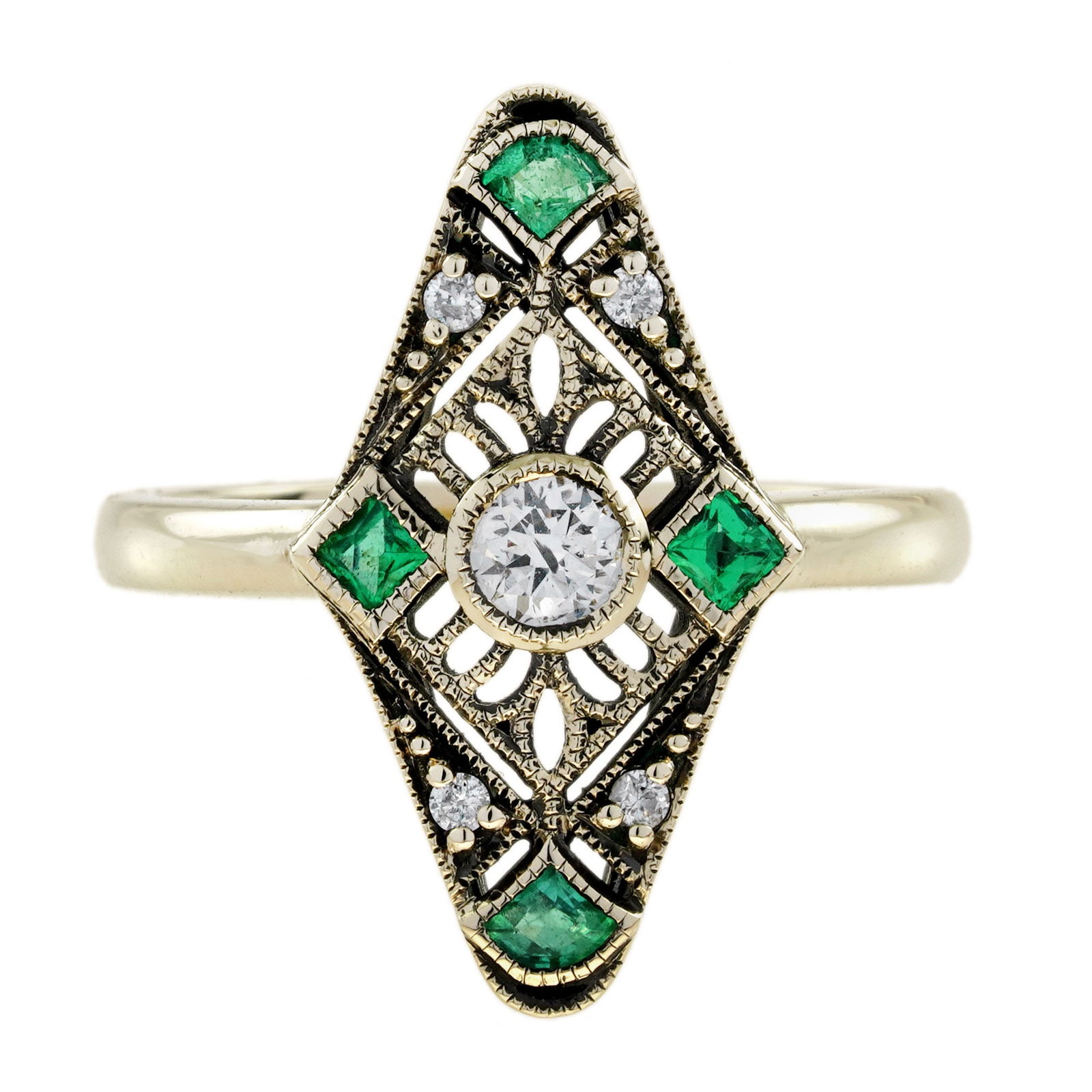 9K Yellow Gold Natural Diamond and Emerald Art Deco Style Cocktail Ring (1 of 10)