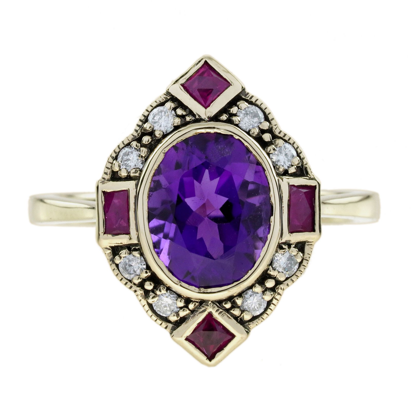 10K Yellow Gold Natural Amethyst Ruby and Diamond Art Deco Style Halo Ring: Ring InformationStyle: Art-decoMetal: 10K Yellow GoldTotal weight: 3.11 g. (approx. total weight)Size: US7Center Gemstones Type: AmethystShape: OvalSize: 9 x 7 mm.Number: 1Weight: 1.70