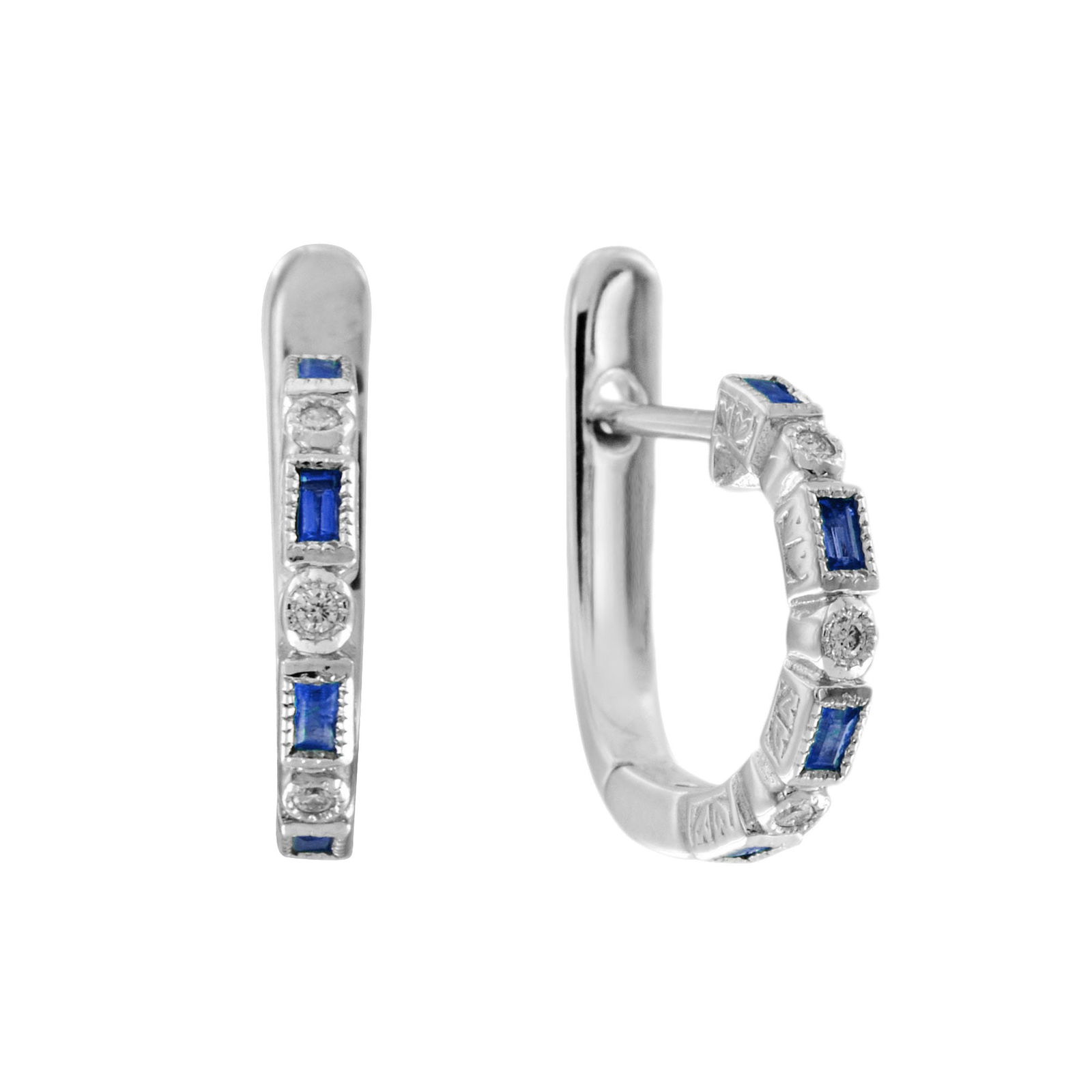 14K White Gold Natural Alternate Baguette Blue Sapphire and Round Diamond Earrings: Earrings InformationStyle: Art DecoMetal: 14K White GoldWidth: 2 mm.Length: 13 mm.Weight: 2.90 g. (approx. in total)Backing: Latch BackGemstones IType: Diamond Shape: RoundAverage Colo
