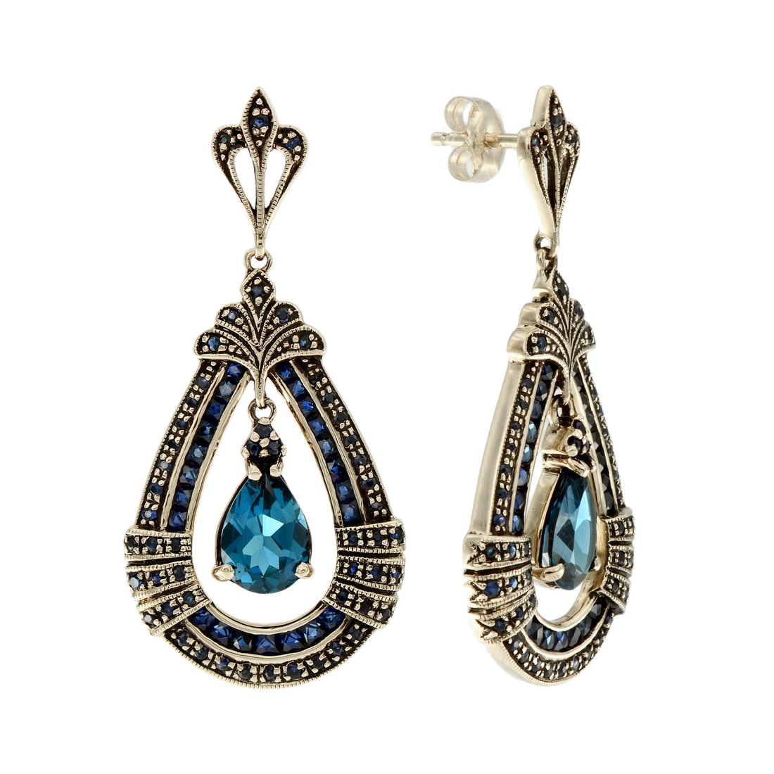 9K Yellow Gold Natural Sapphire and Diamond Antique Style Dangle Earrings (1 of 7)