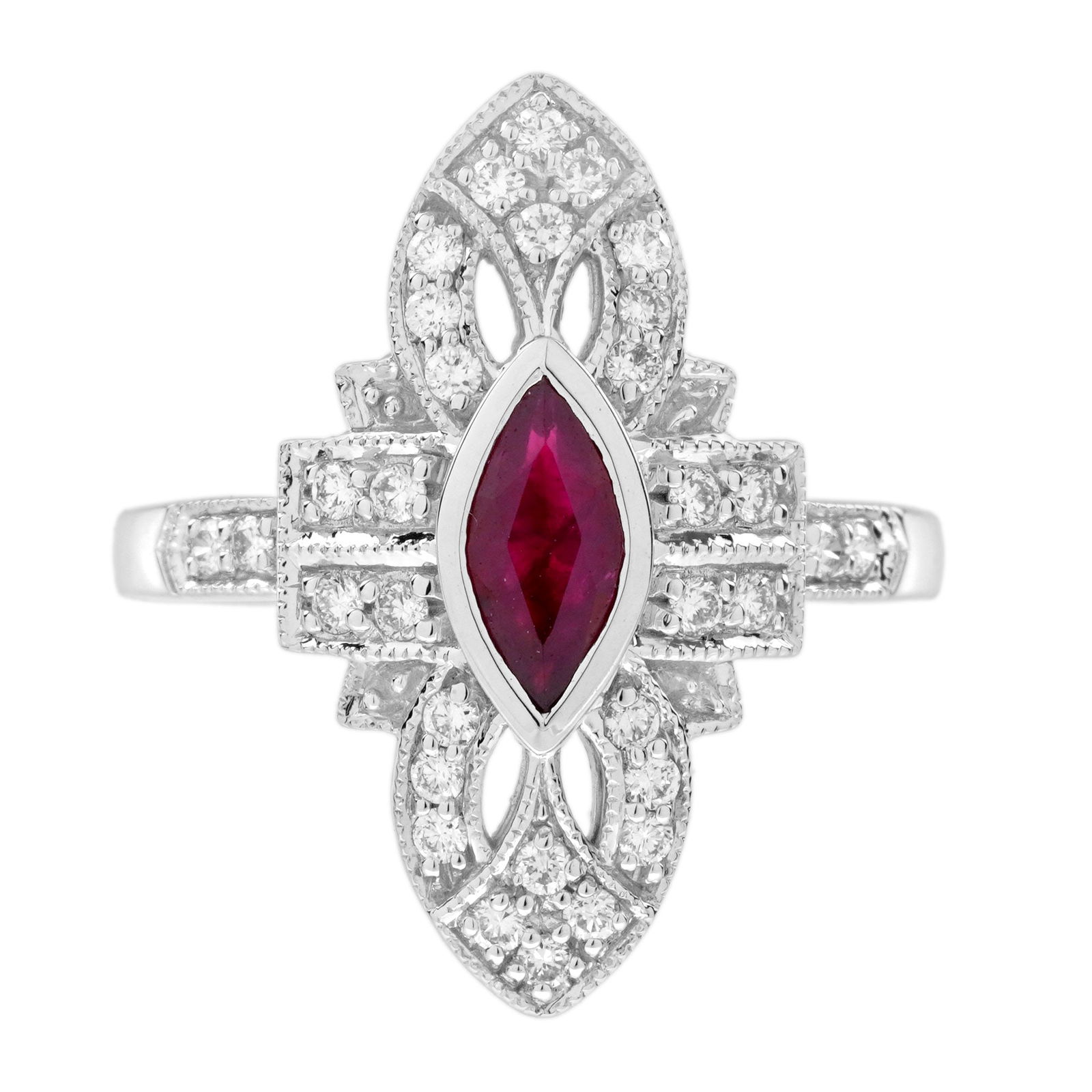 14K White Gold Natural Ruby and Diamond Art Deco Style Marquise Shape Cocktail Ring (1 of 9)