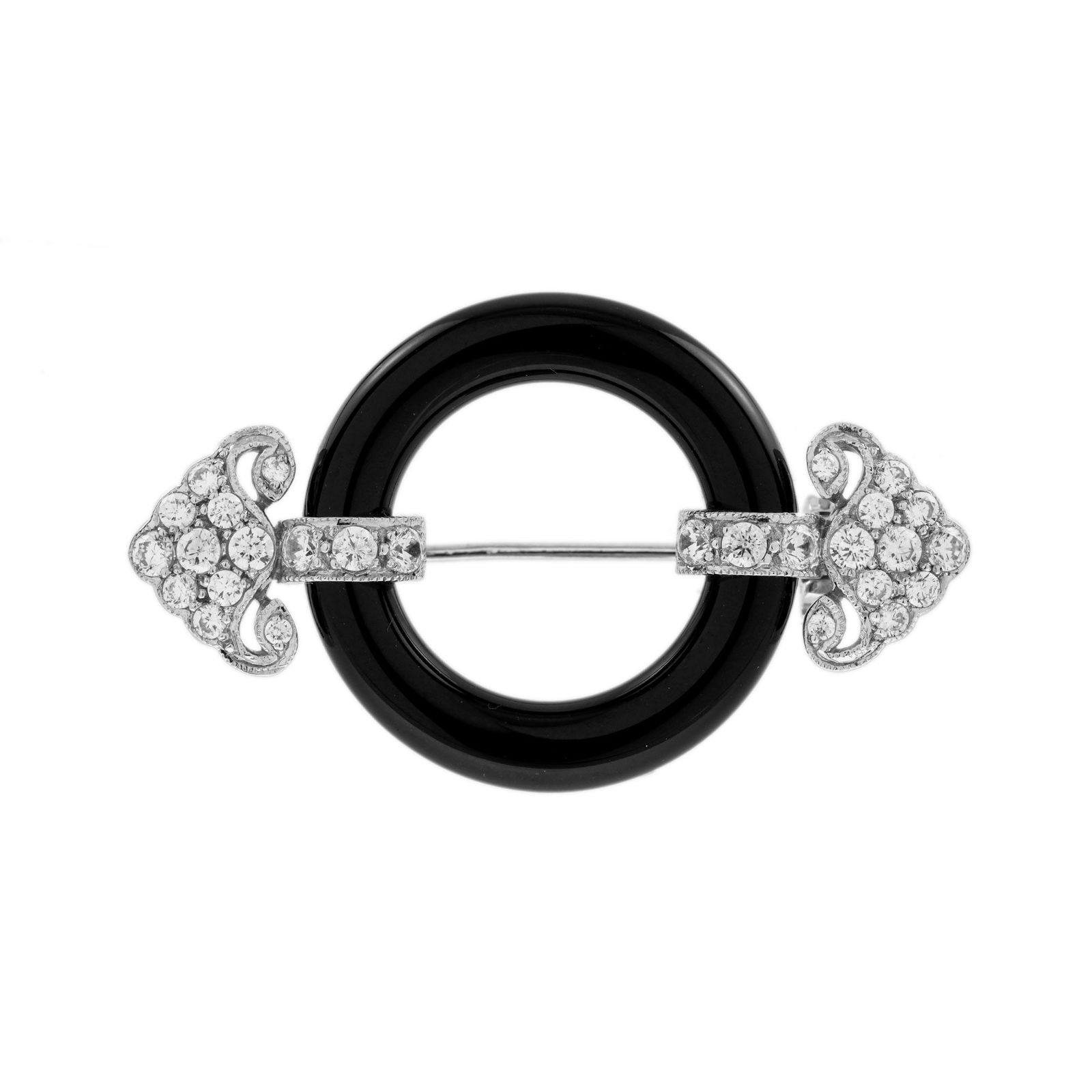 14K White Gold Natural Onyx and Diamond Art Deco Style Circle Arrow Brooch: Brooch InformationStyle: Art DecoMetal: 14K White GoldWidth: 37 mm.Length: 22 mm.Weight: 4.17 g. (approx. in total)Gemstones IType: OnyxShape: Free FromGemstones IIType: Diamond
