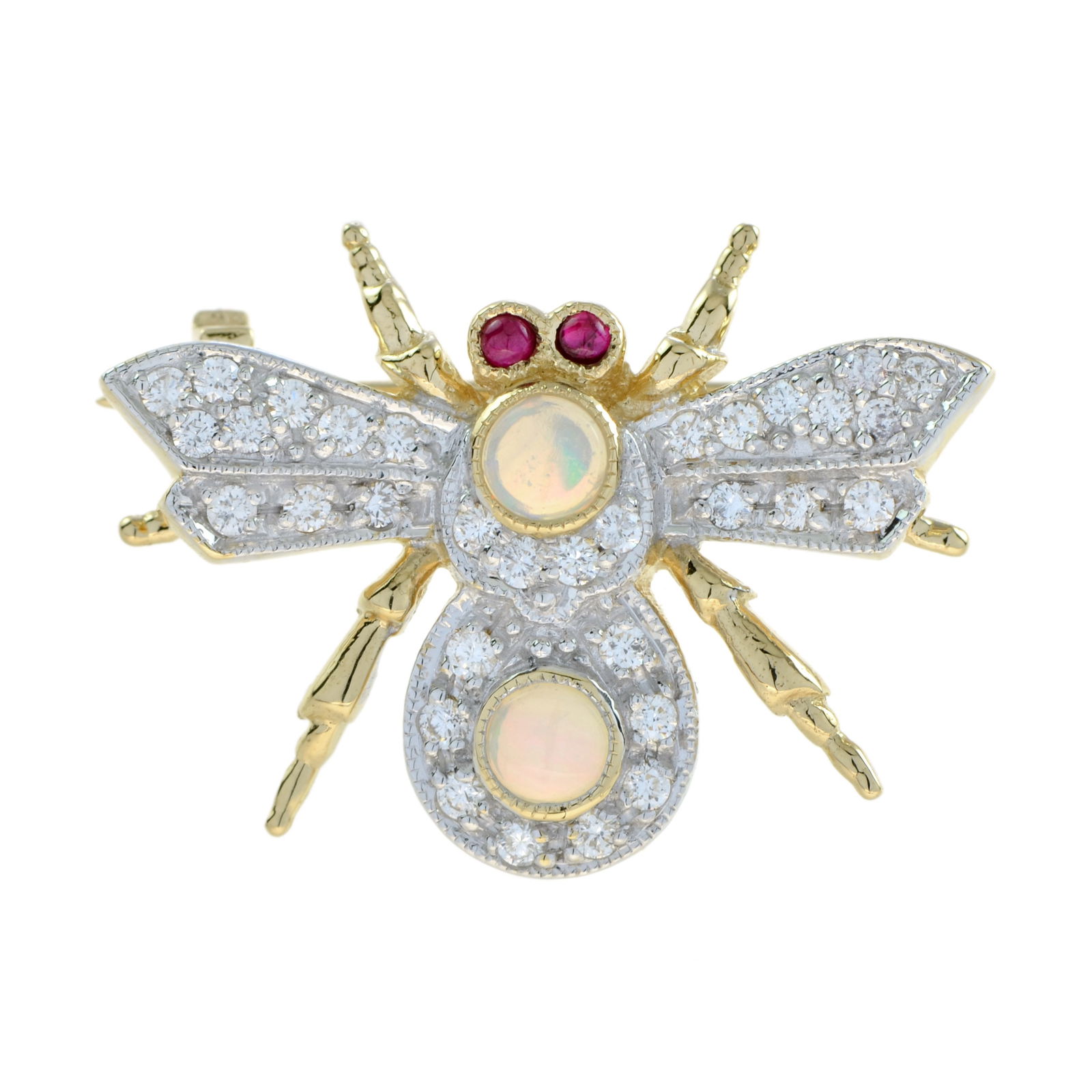 14K Yellow Gold Natural Opal Diamond Ruby Antique Style Little Bee Brooch (1 of 8)