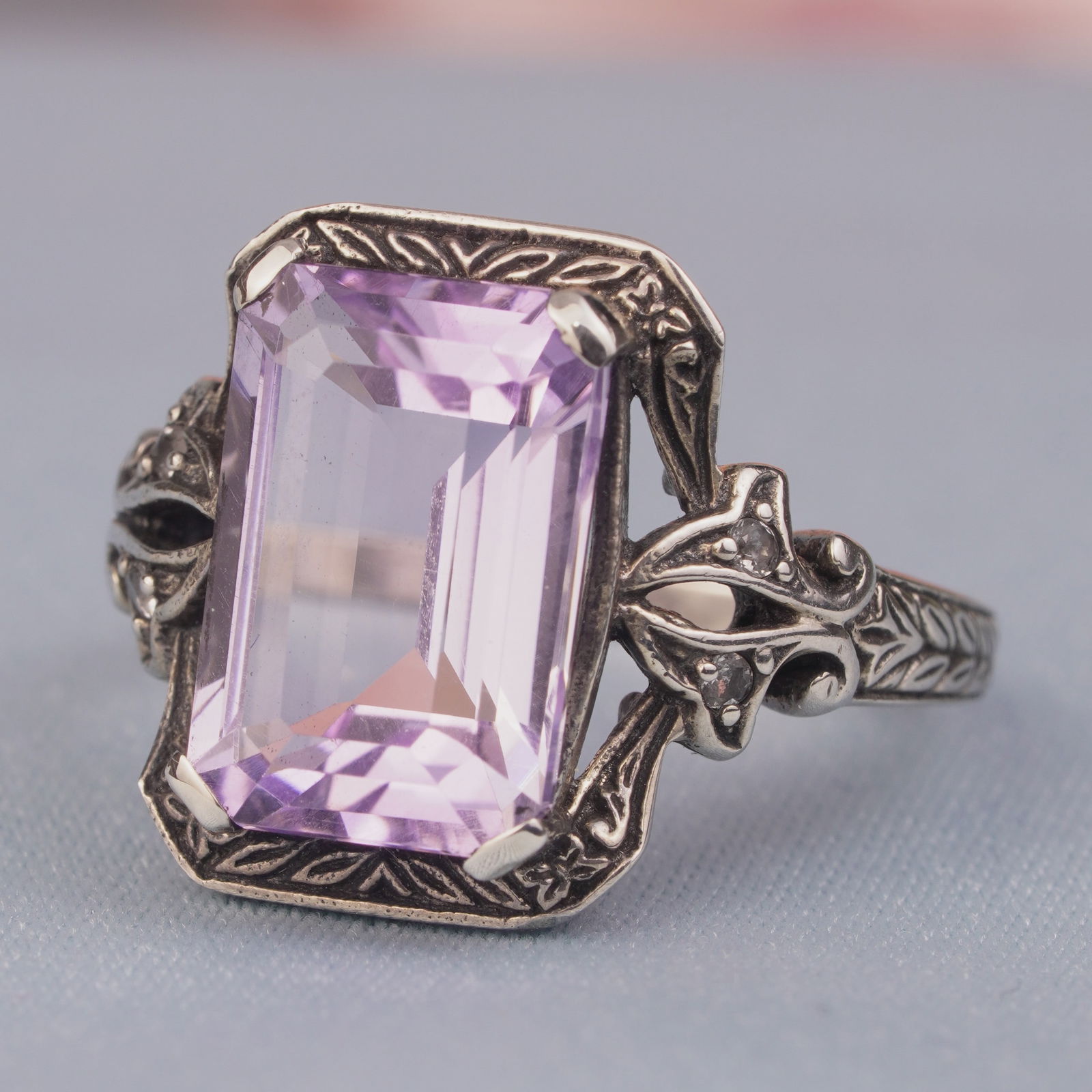 Silver925 Natural Premium Amethyst White Topaz Vintage Filigree Ring (1 of 6)