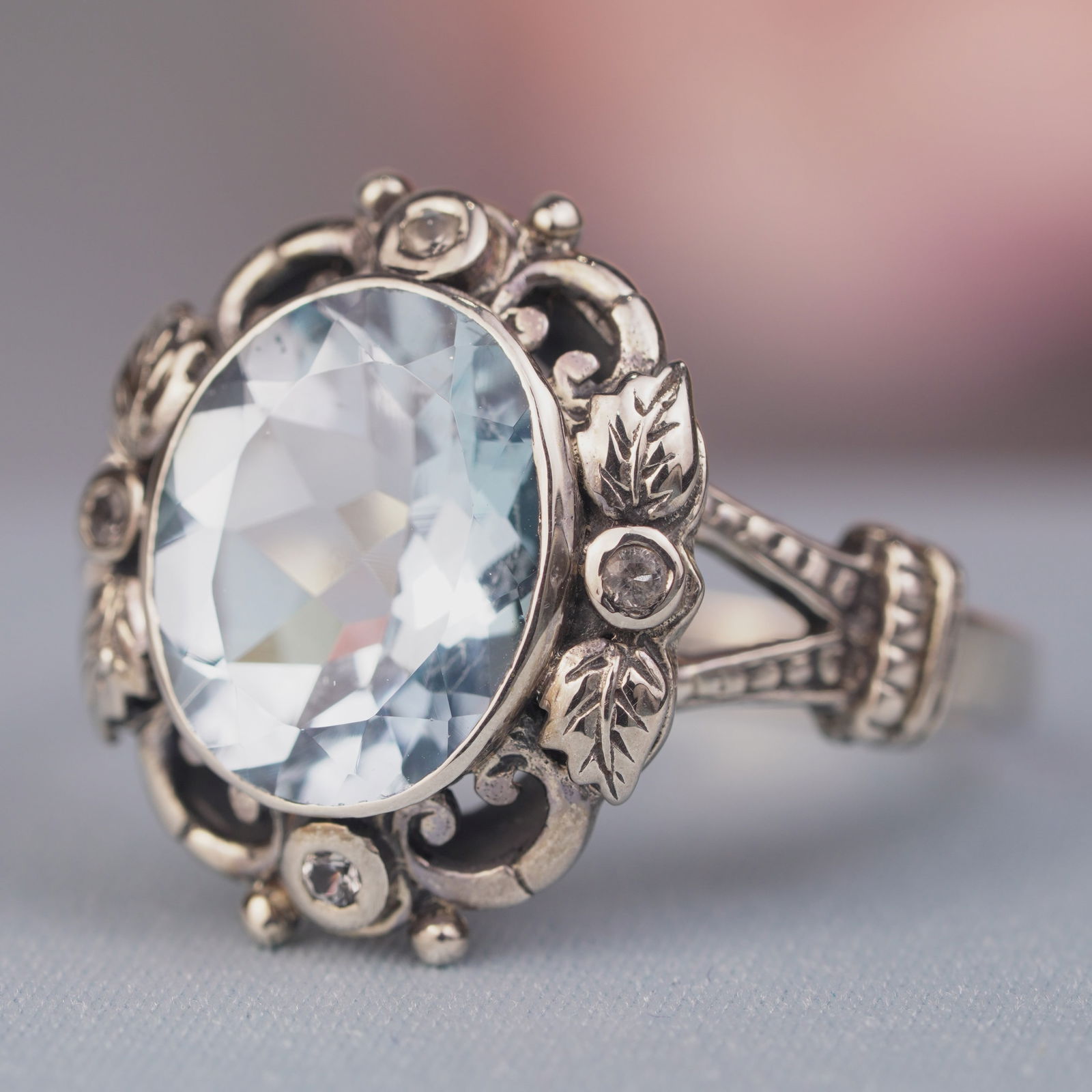 Silver925 Natural Blue Topaz White Topaz Vintage Filigree Ring (1 of 6)