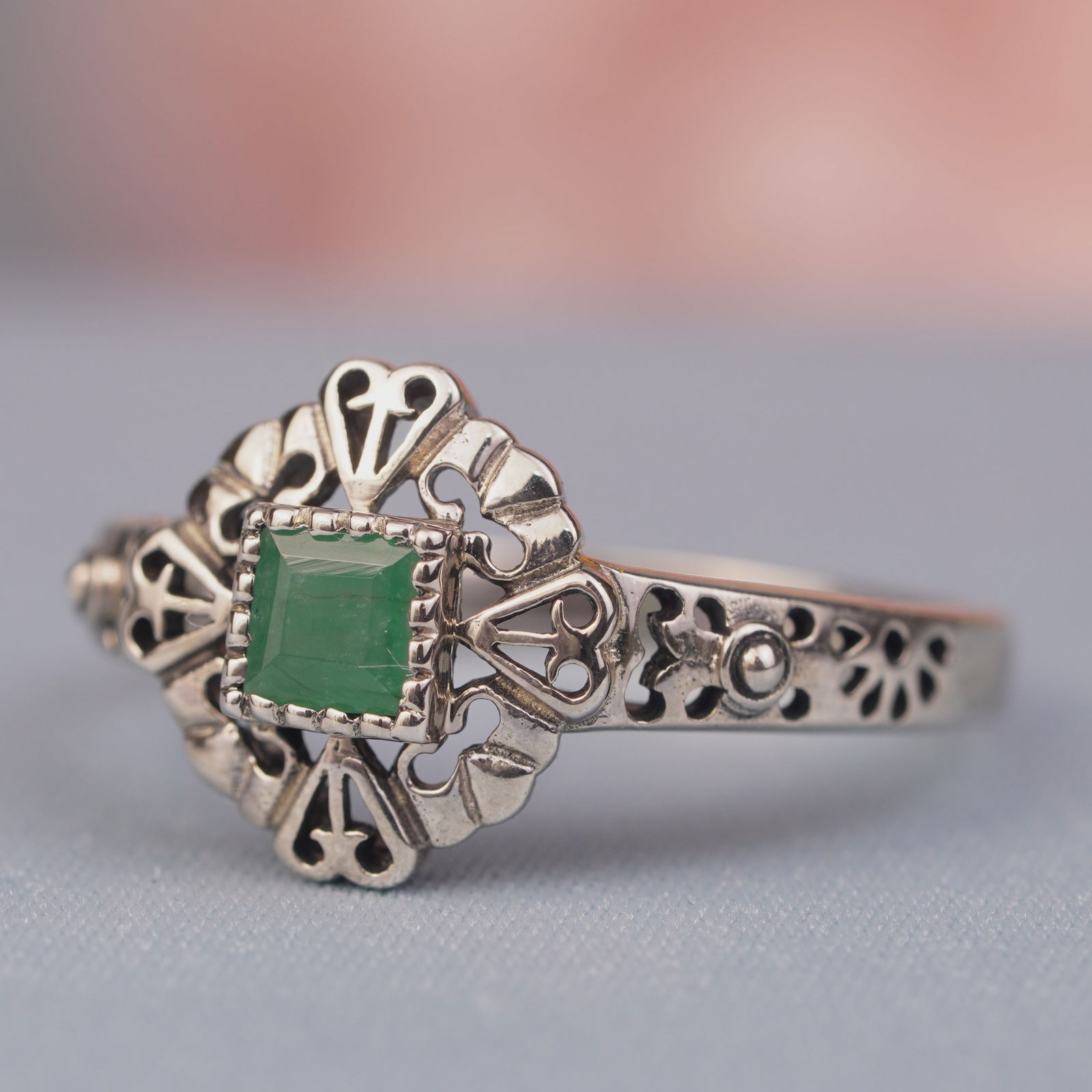 Silver925 Natural Emerald Vintage Filigree Ring (1 of 6)