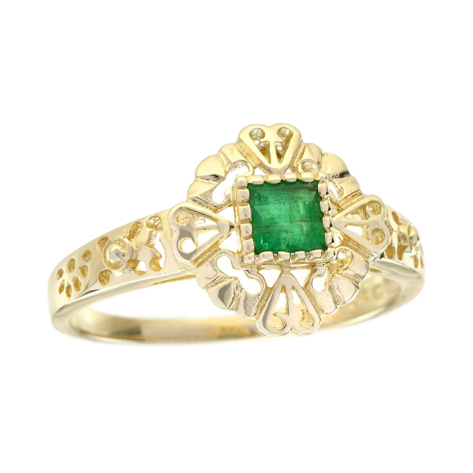9K Yellow Gold Natural Square Emerald Vintage Style Solitaire Heart Filigree Ring: CHARACTERISTICSStatus: Ready to shipOrigin: ThailandMetal: Solid 9K Yellow GoldRing Size: US 7Total Gemstones Weight: 0.30 carat. (approx.)Total Gram Weight: 2.49 g. (approx.)*Pictures have been enlar