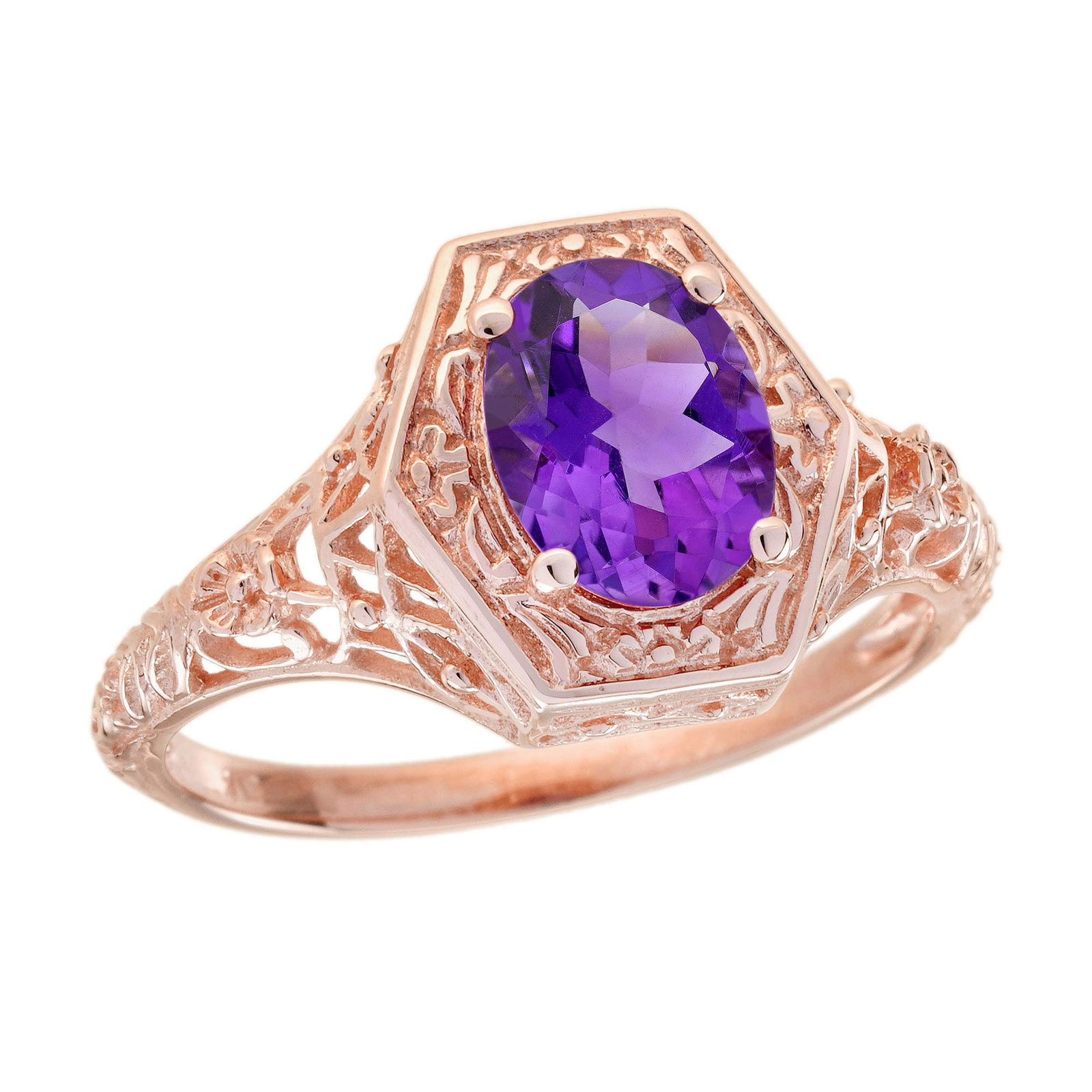 9K Rose Gold Natural Amethyst Vintage Style Filigree Solitaire Ring: CHARACTERISTICSOrigin: ThailandMetal: Solid 9K Rose GoldRing Size: US 7Total Gemstones Weight: 0.95 carat. (approx.)Total Gram Weight: 1.80 g. (approx.)*Pictures have been enlarged to show details*PRI