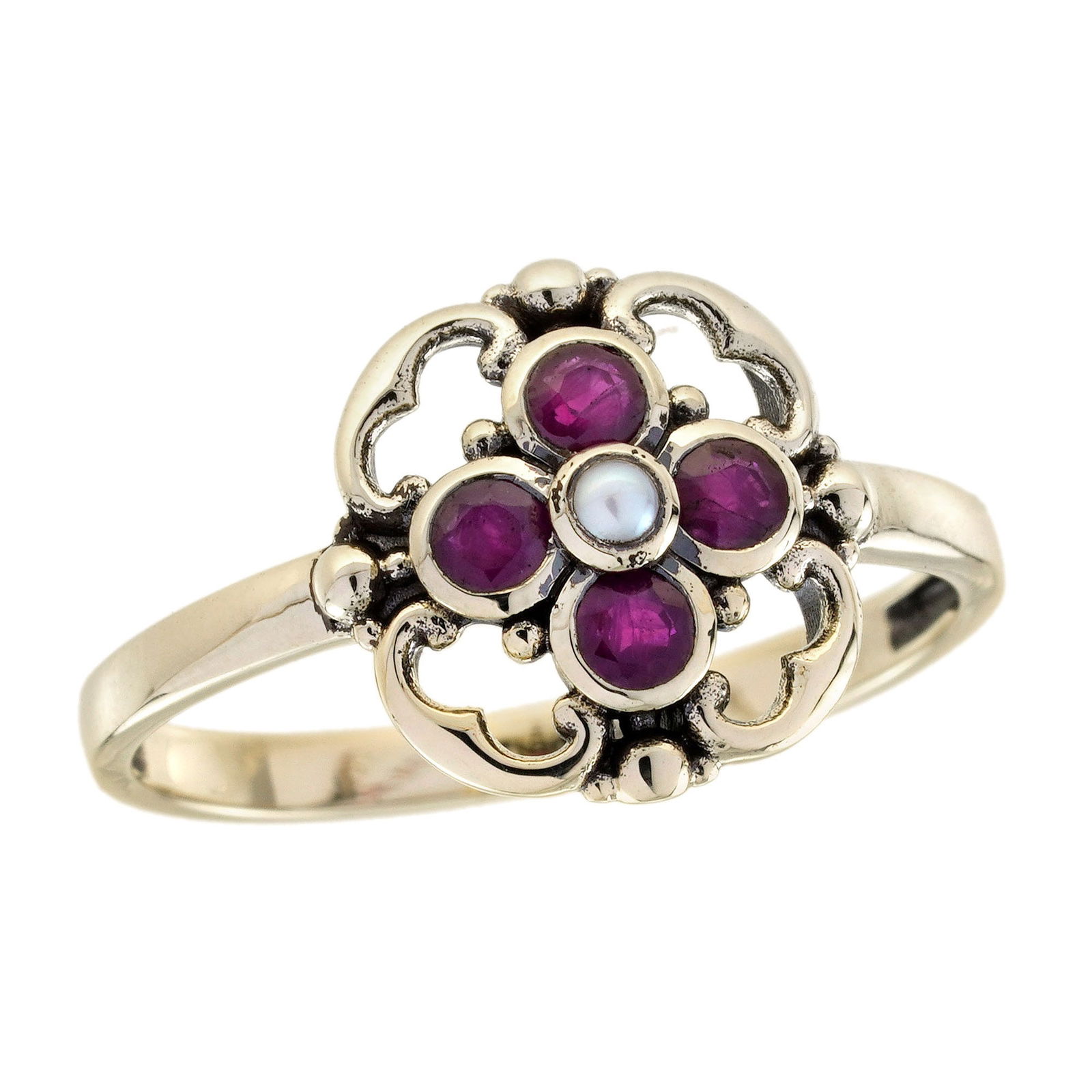 9K Yellow Gold Natural Pearl and Ruby Vintage Style Floral Ring: CHARACTERISTICSOrigin: ThailandMetal: Solid 9K Yellow GoldRing Size: US 7Total Gemstones Weight: 0.49 carat. (approx.)Total Gram Weight: 1.62 g. (approx.)*Pictures have been enlarged to show details*P