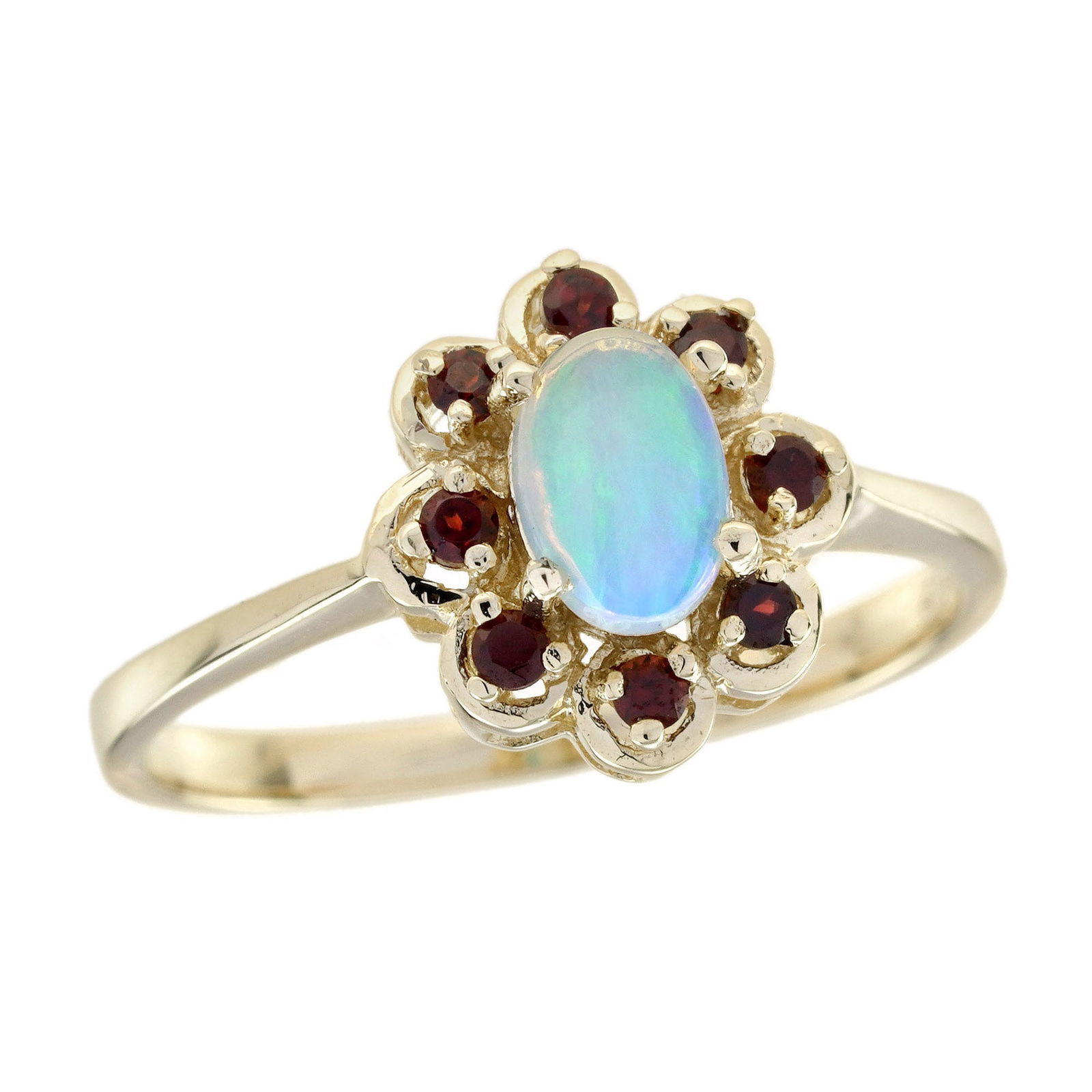 9K Yellow Gold Natural Opal and Garnet Vintage Style Floral Halo Ring: CHARACTERISTICSOrigin: ThailandMetal: Solid 9K Yellow GoldRing Size: US 7Total Gemstones Weight: 0.30 carat. (approx.)Total Gram Weight: 1.90 g. (approx.)*Pictures have been enlarged to show details*P